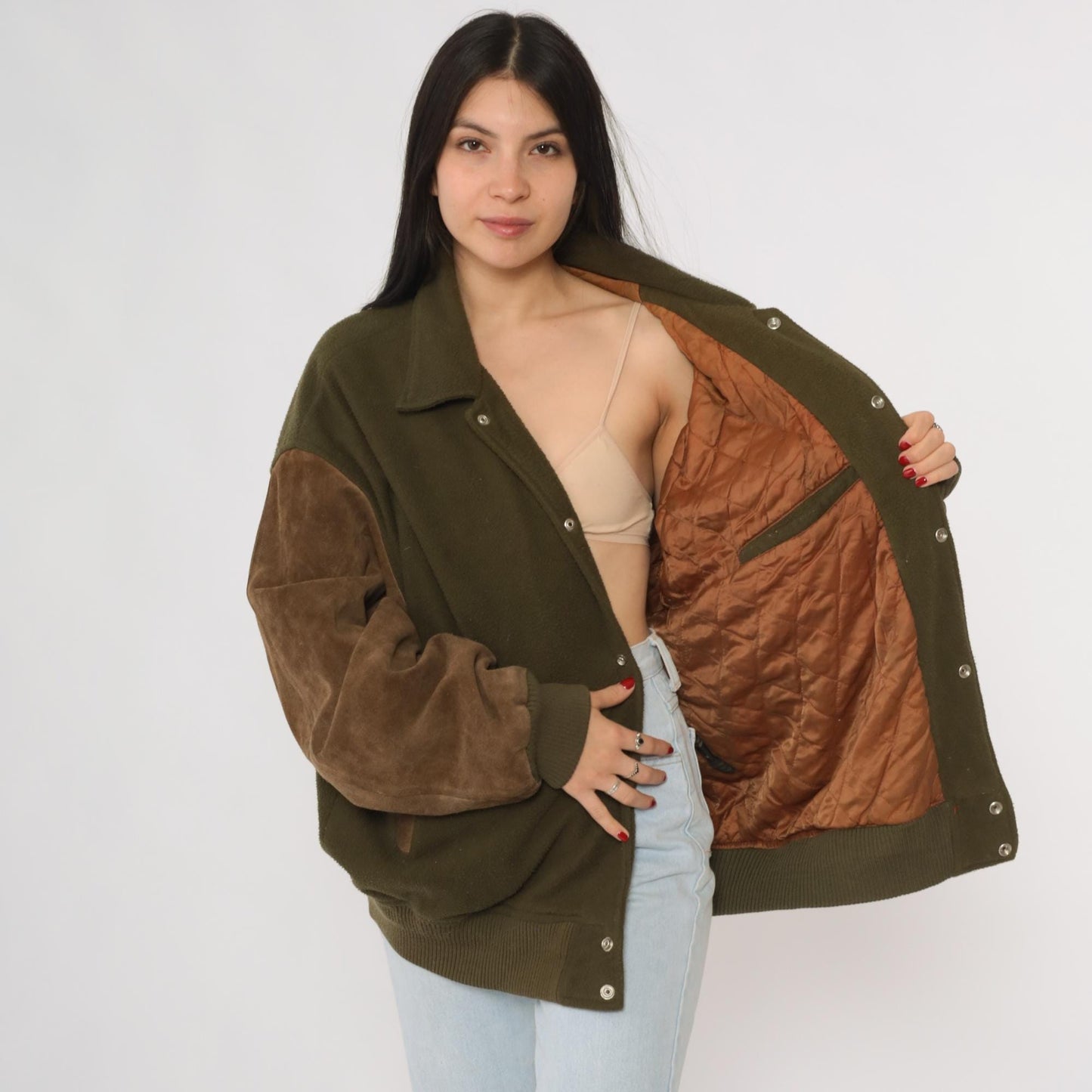 80s Aviator Bomber Jacket Green Suede Sleeves Pilot Embroidery Extra Large XL