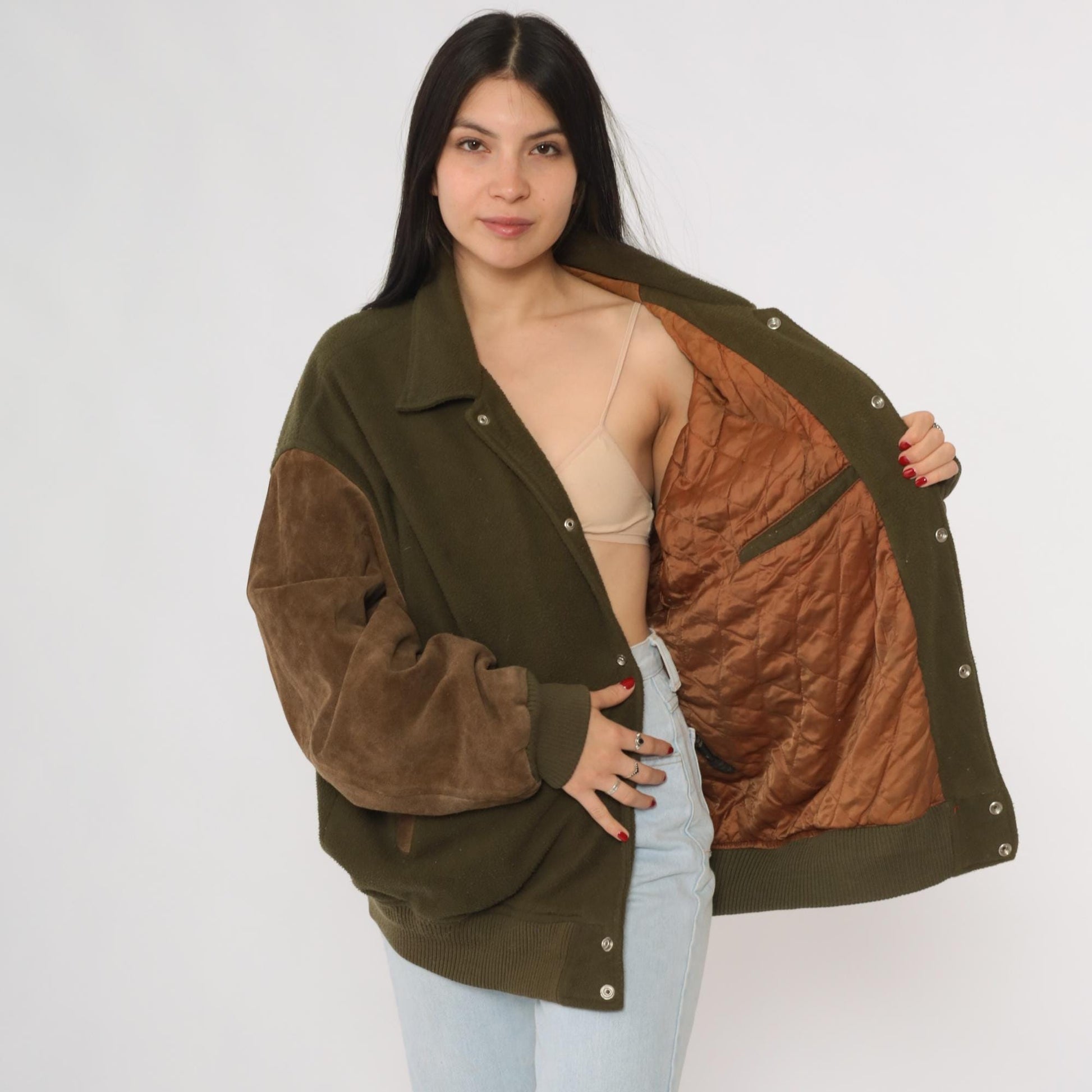 80s Aviator Bomber Jacket Green Suede Sleeves Pilot Embroidery Extra Large XL