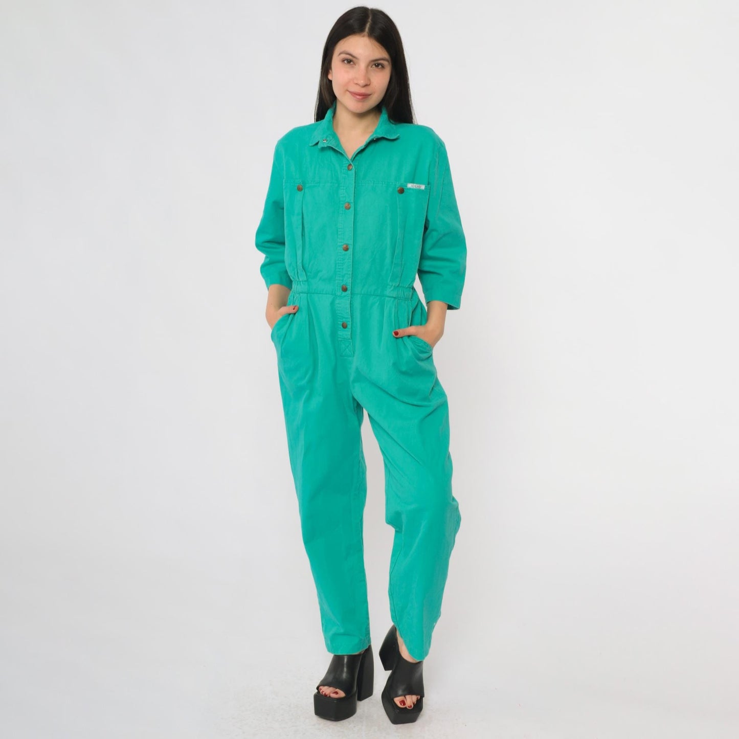 80s Ideas Turquoise Jumpsuit Button-Up Cotton Workwear Medium M
