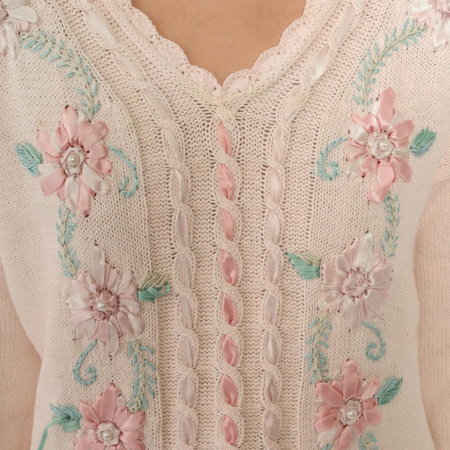 90s Carolyn Taylor Pink Floral Embroidered Knit Sweater V-Neck Medium M