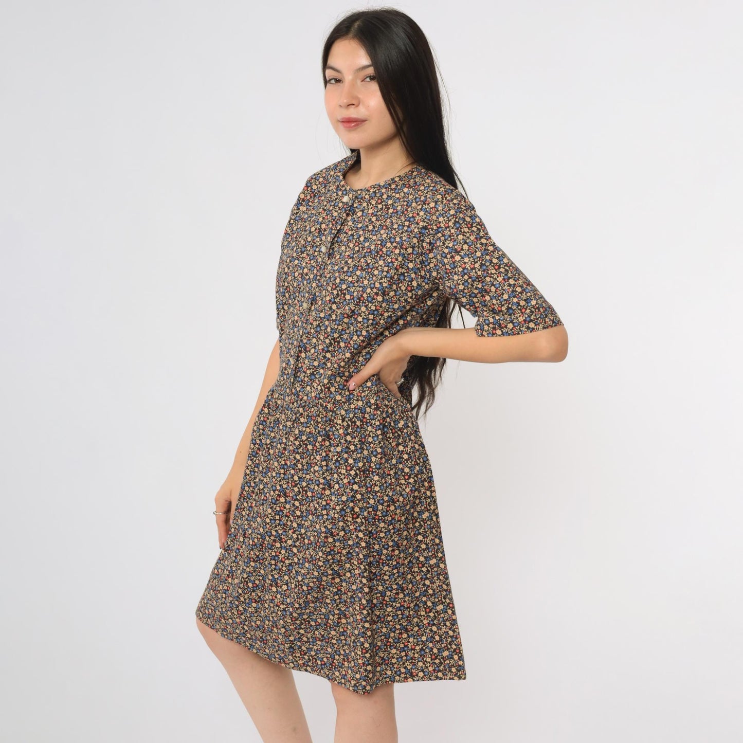 60s Navy Floral Mini Dress A-Line Button Front Short Sleeve Large