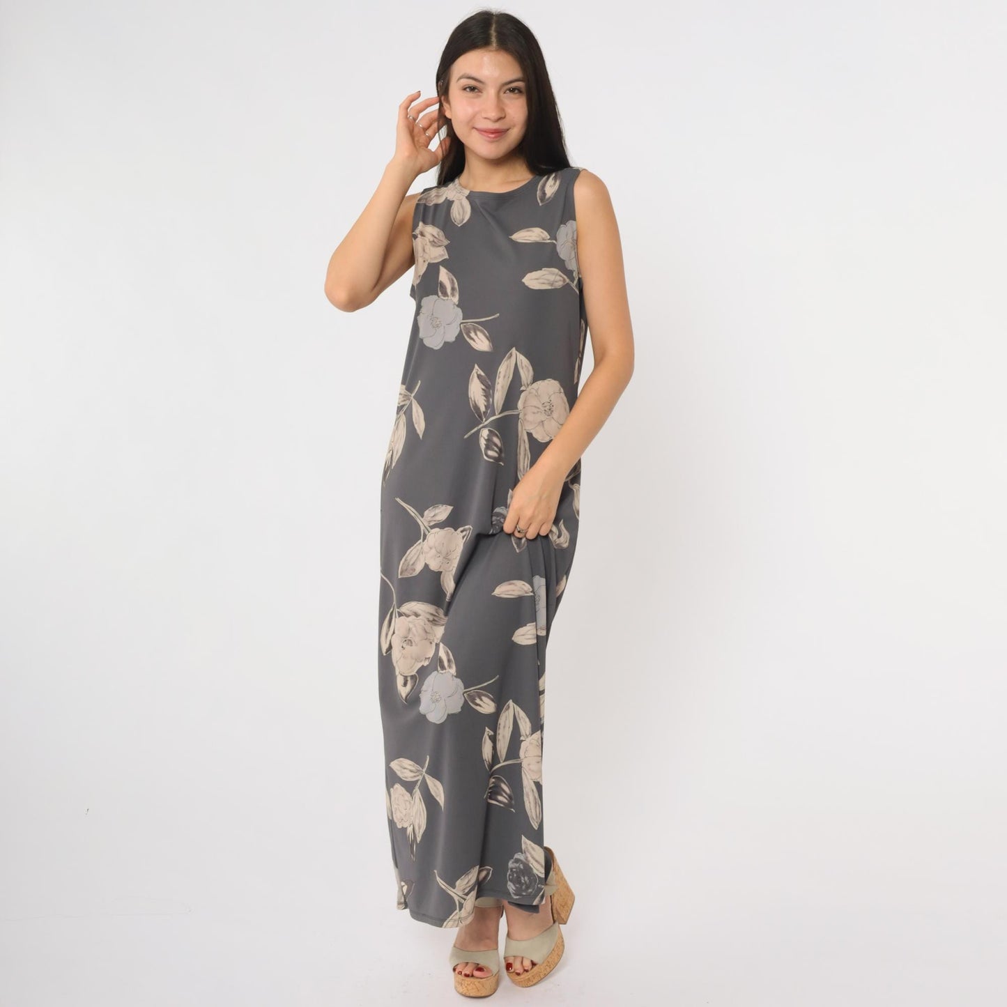 90s Kathie Lee Collection Grey Floral Maxi Dress Sleeveless Tank Medium M
