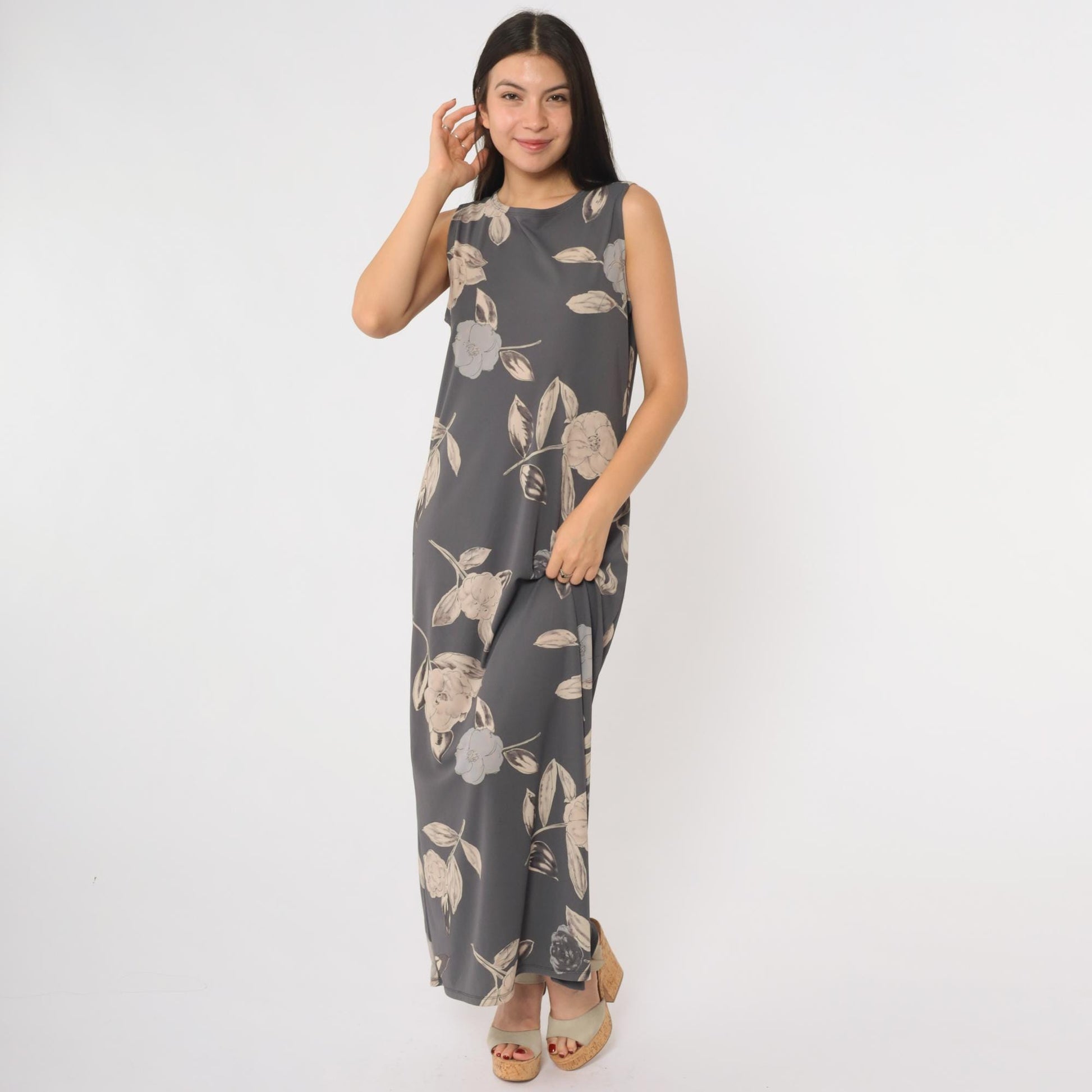 90s Kathie Lee Collection Grey Floral Maxi Dress Sleeveless Tank Medium M