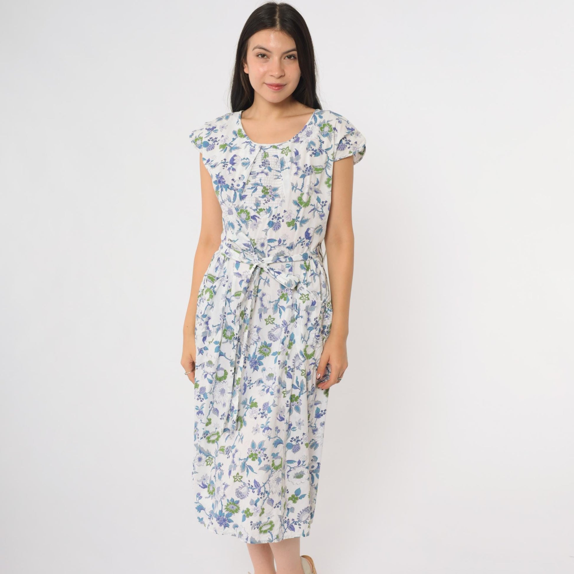 60s Swirl Floral Wrap Dress Blue White Cap Sleeve Midi Tie Waist Medium M