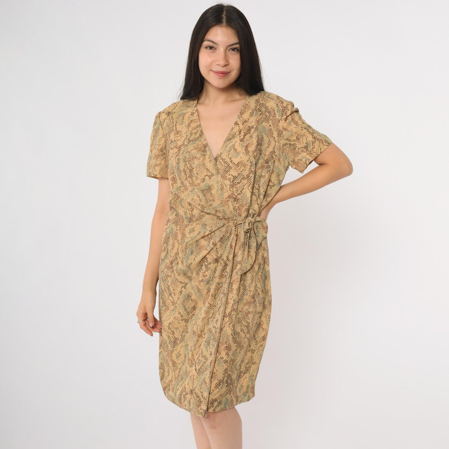 90s Talbots Snake Print Wrap Dress Short Sleeve V-Neck Beige Brown Medium