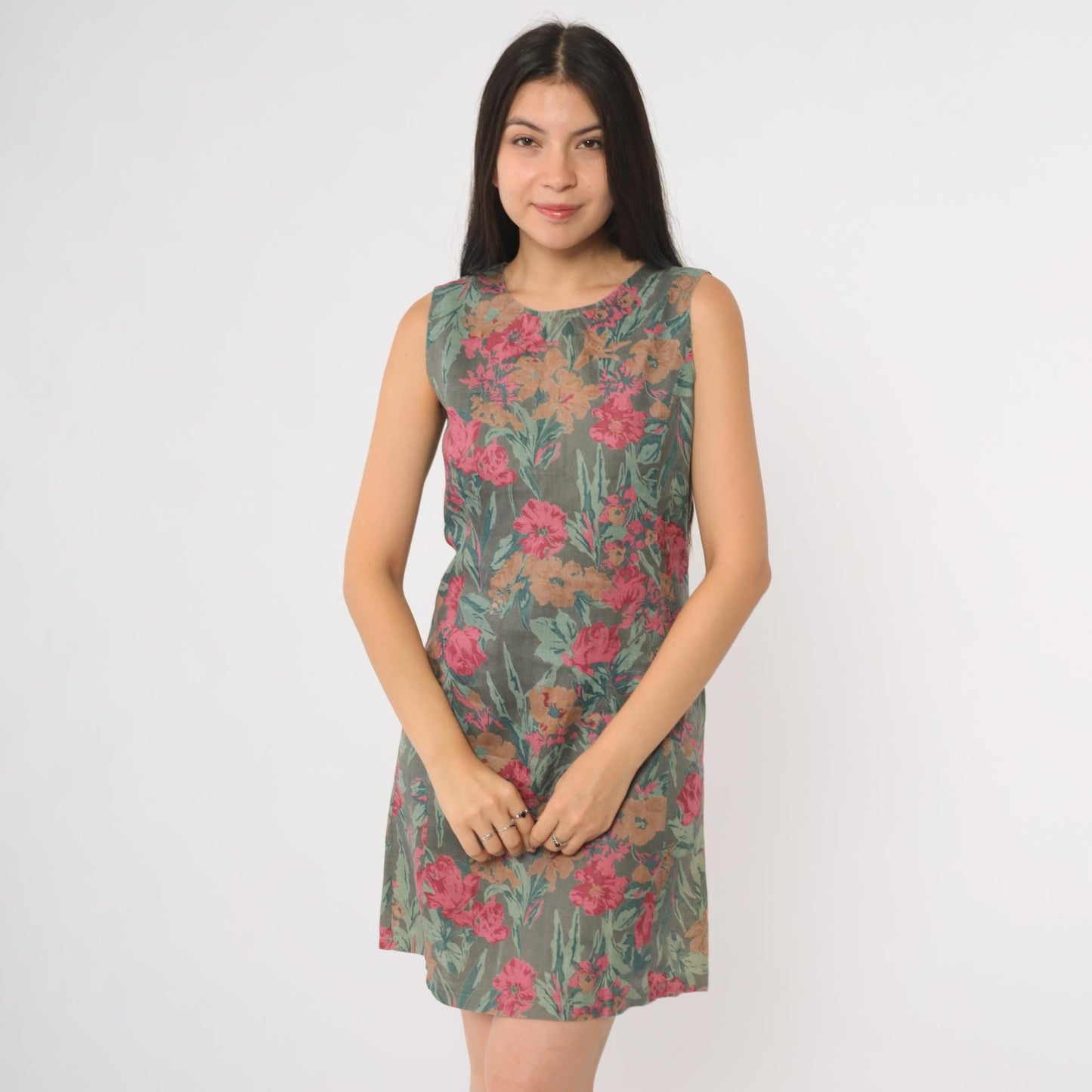90s Floral Shift Dress Grey Green Pink Brown Botanical Midi Sleeveless Small