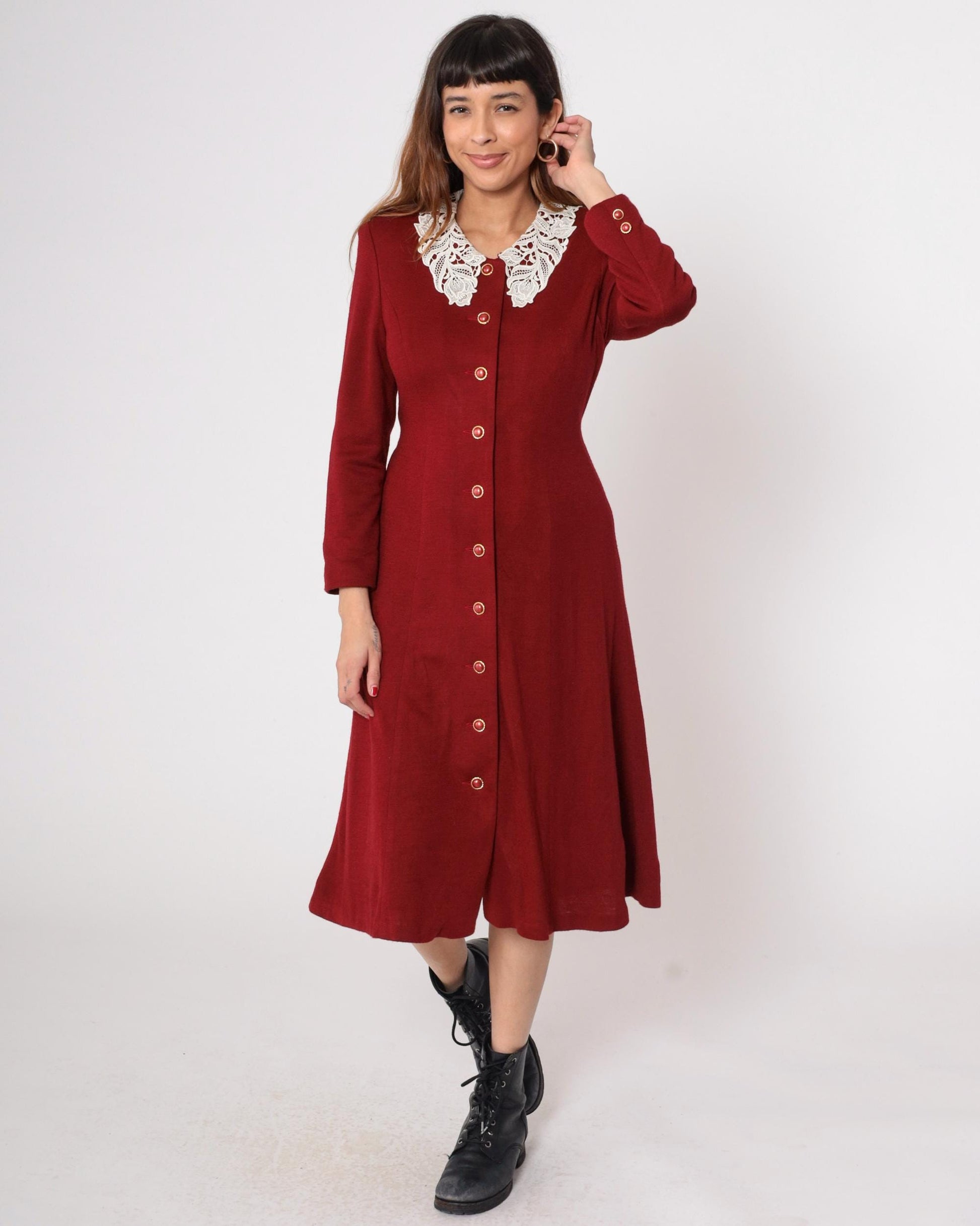 80s Lourejann Burgundy Midi Dress Peter Pan Collar Lace Small