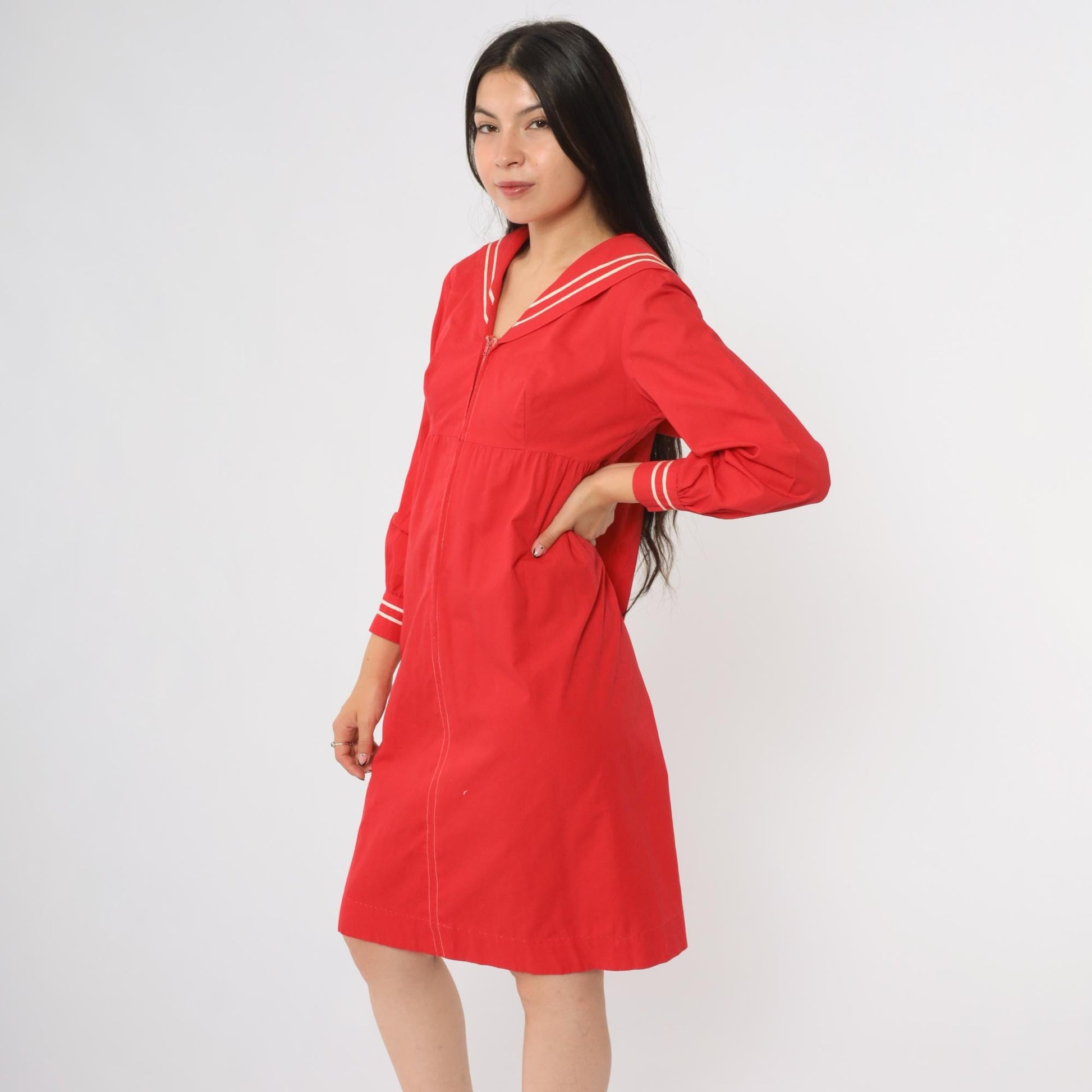 60s Mr. Aref California Red Sailor Dress White Stripe Midi A-Line Small