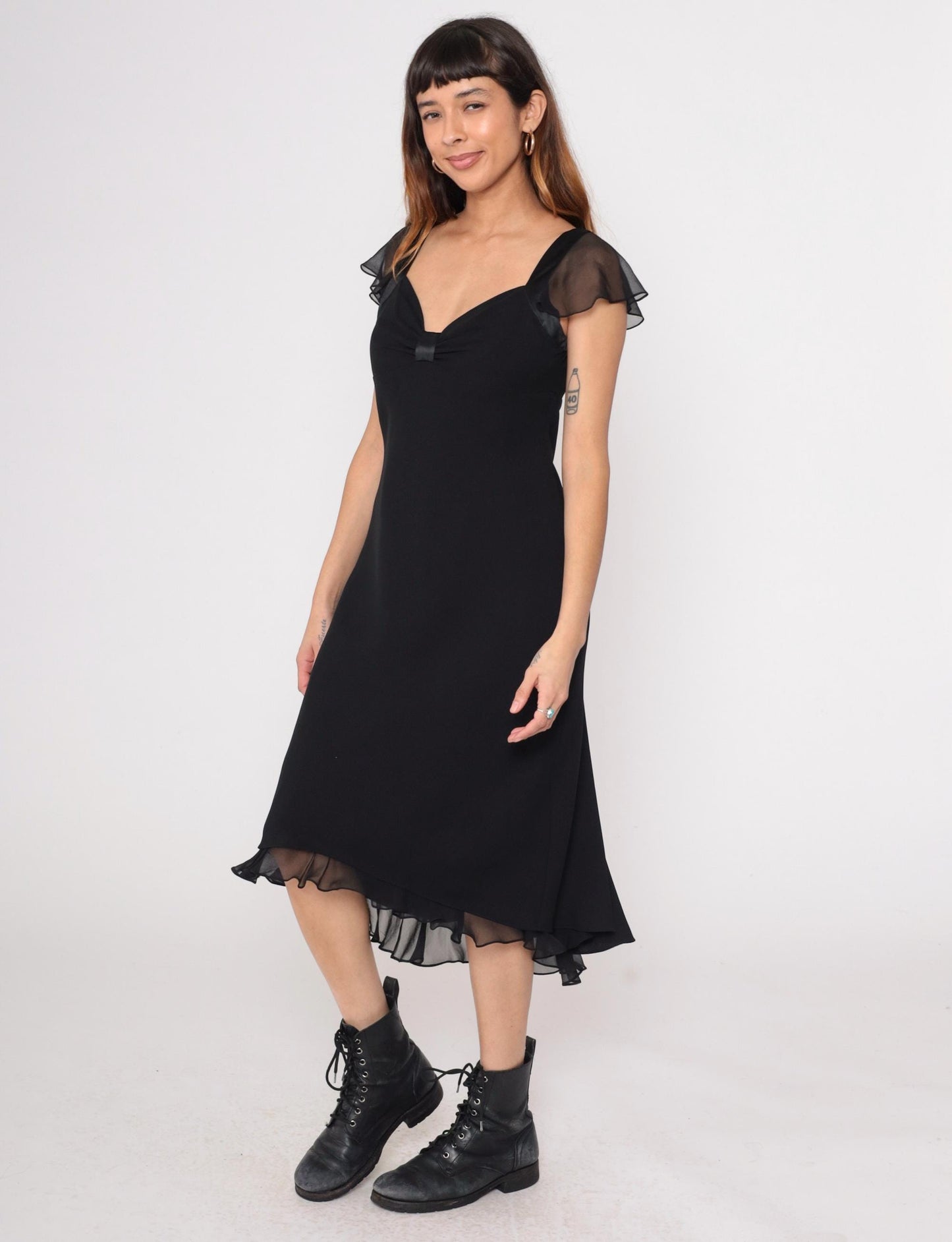90s Jones Wear Black Chiffon Midi Dress Flutter Sleeve V-Neck Medium
