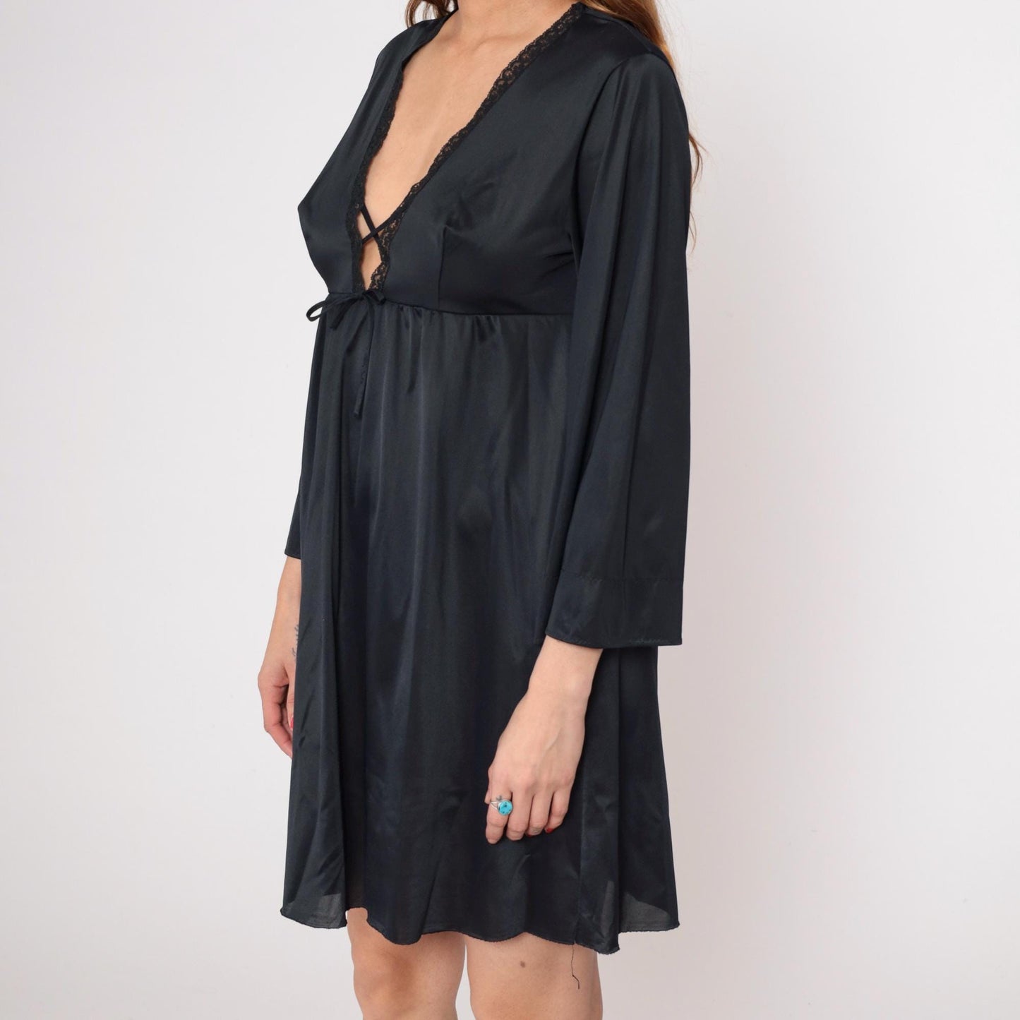 80s Black Nylon Deep V Mini Dress Empire Waist Long Sleeve Small