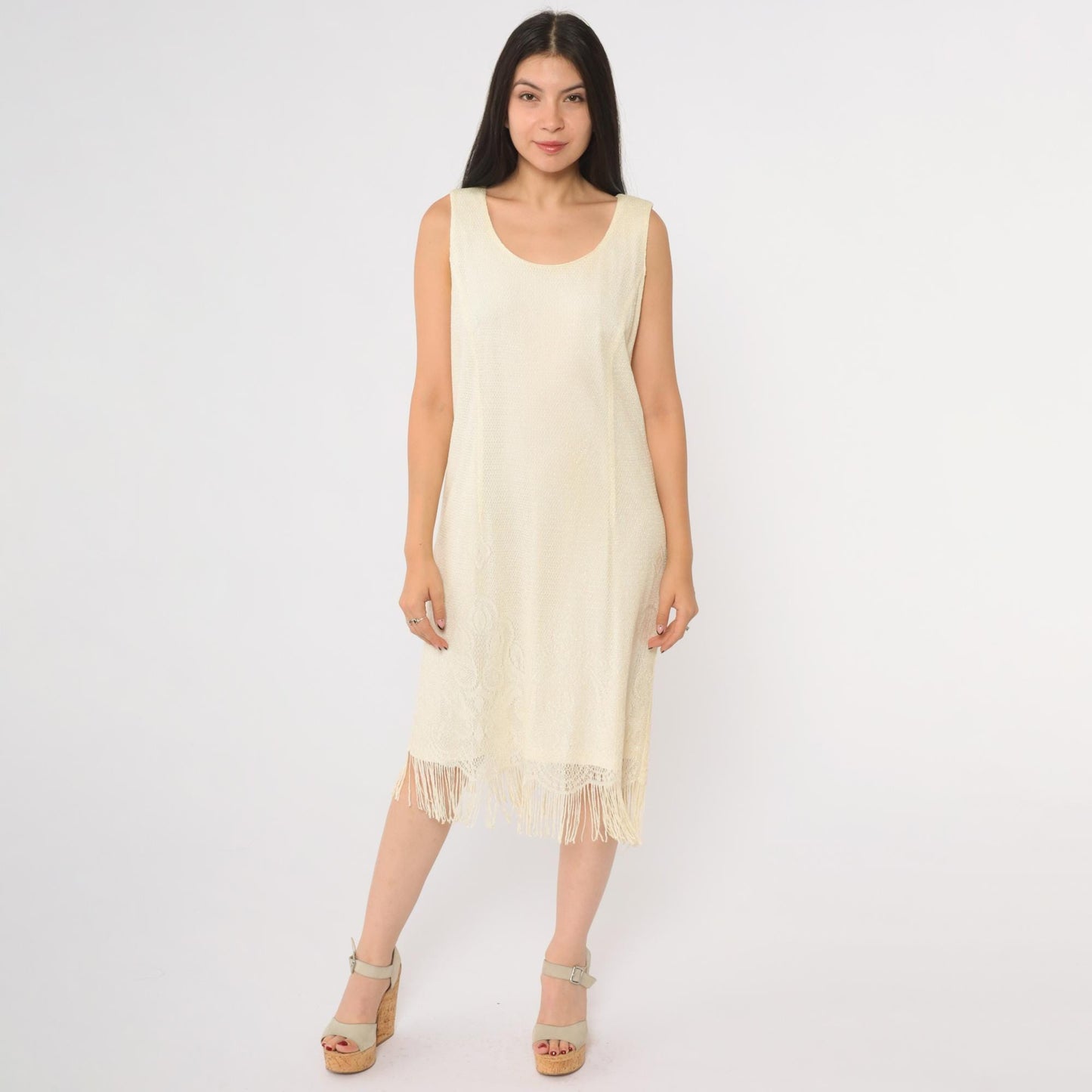 90s Onyx Nite Cream Metallic Fringe Midi Dress Scoop Neck Sleeveless Extra Large
