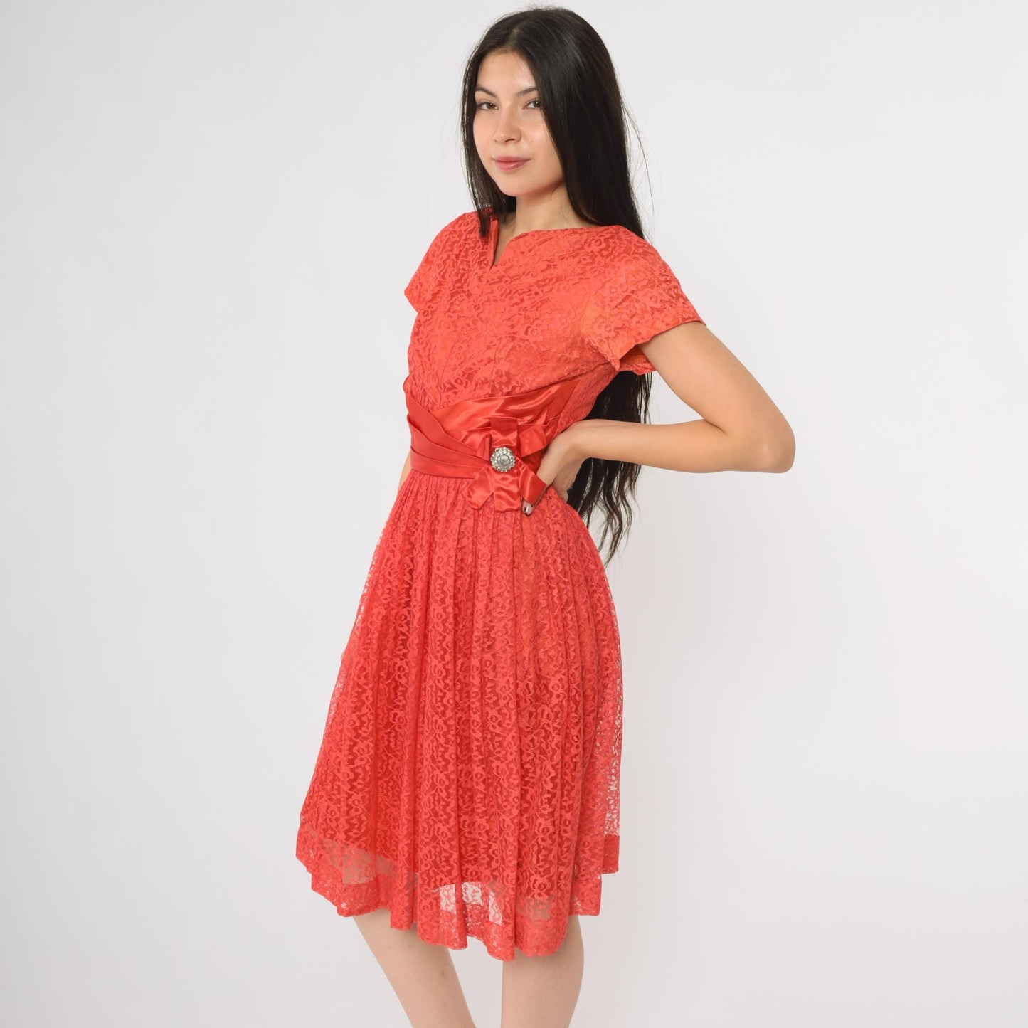 60s Coral Lace Midi Dress V Neck Short Sleeve Bow Belt Rhinestone Brooch XS