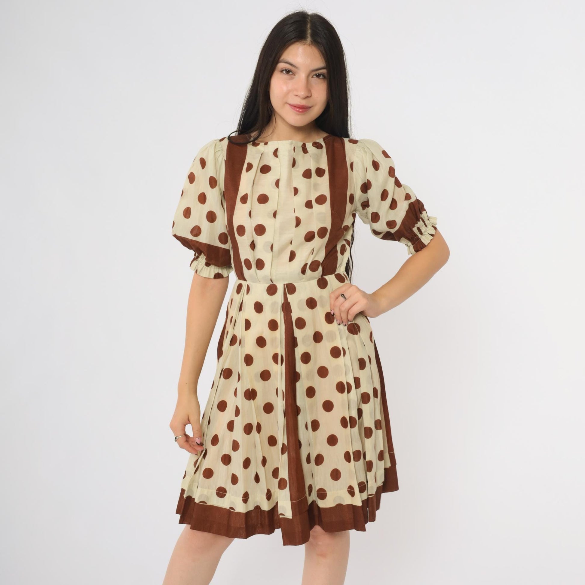 60s Brown White Polka Dot Puff Sleeve Dress Knee Length Extra Small XS