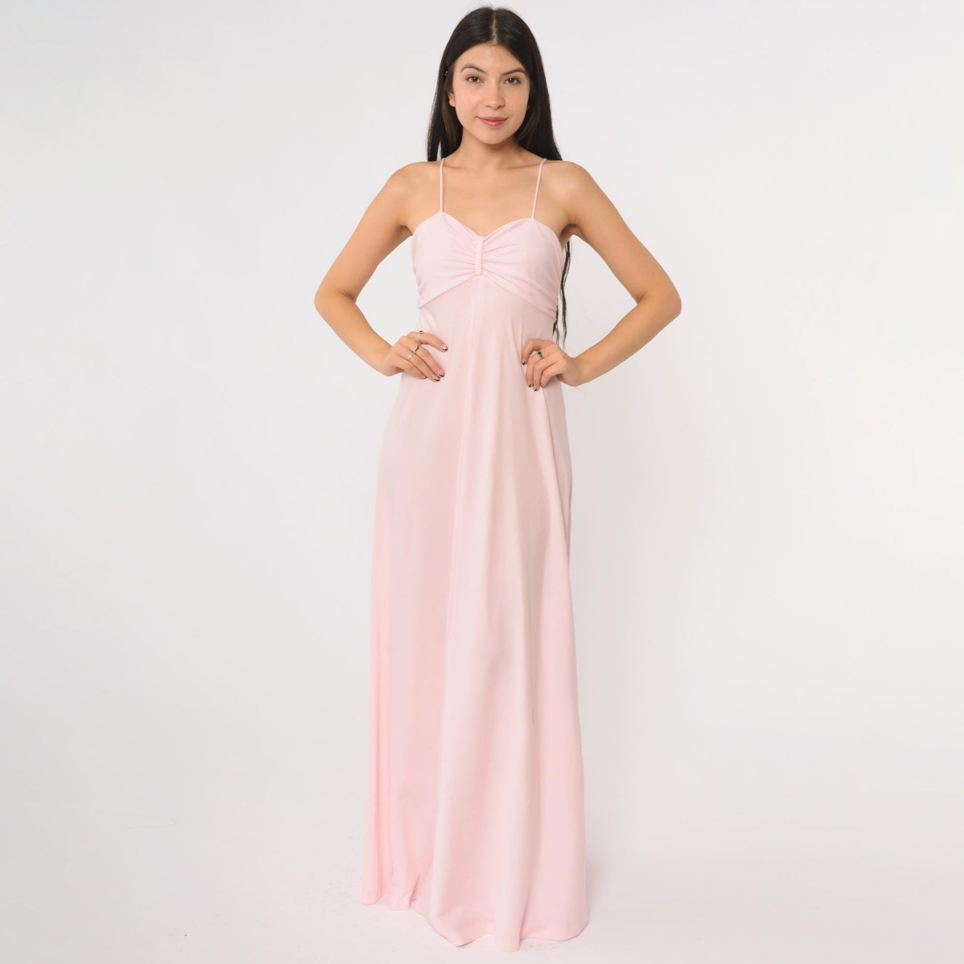 70s Pink Maxi Dress Spaghetti Strap Empire Waist Floor Length Back Zip Extra Small XS