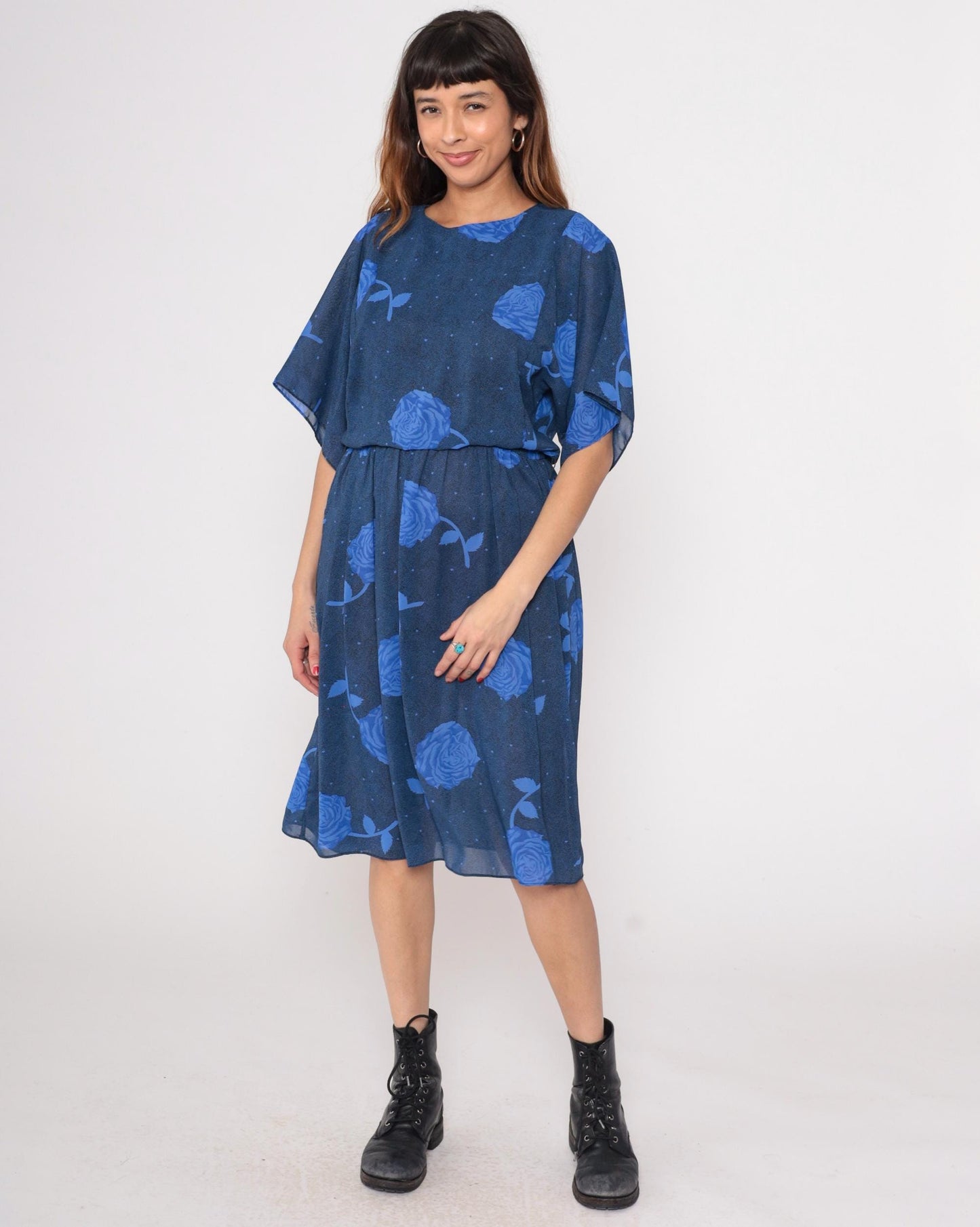 90s Navy Floral Midi Dress Positive Attitude Kimono Sleeve Small