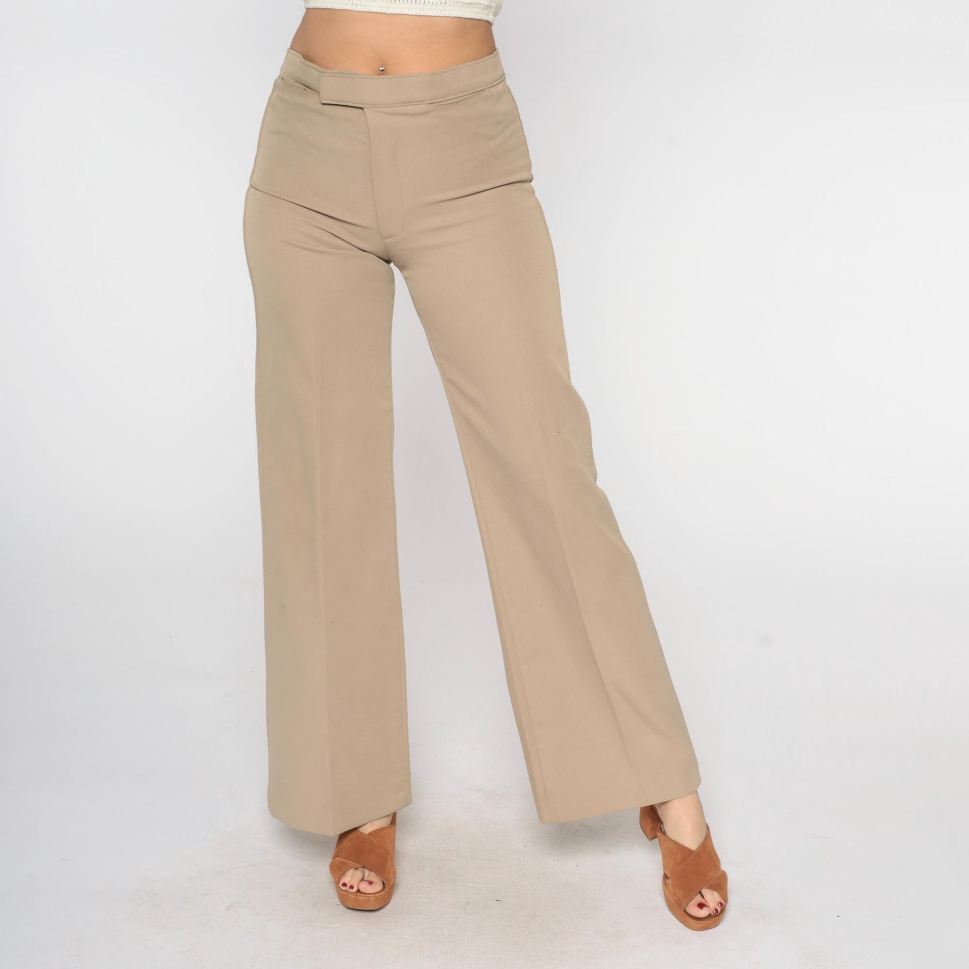 70s Tan Straight Leg Pants Low Rise Vintage Trousers Medium