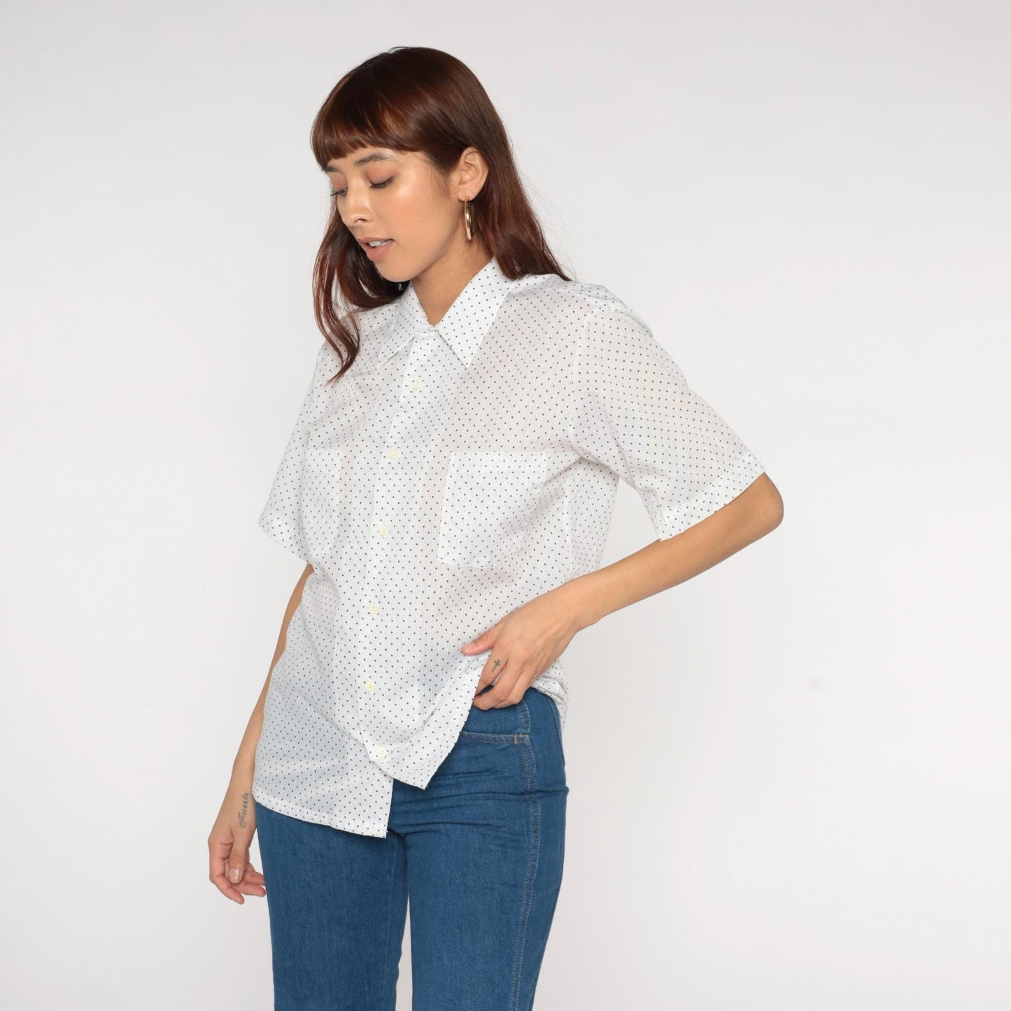 70s Polka Dot Button Up Shirt White Blue Short Sleeve Mens Medium