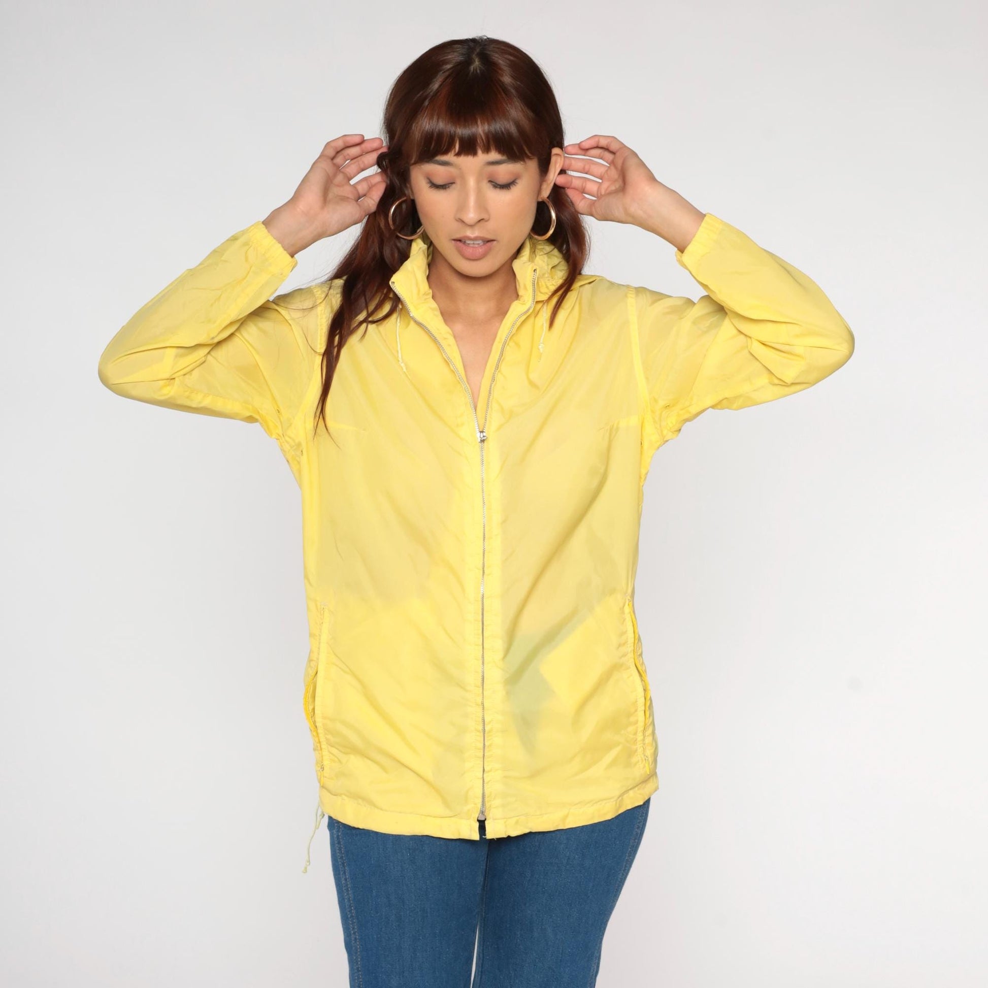 80s Yellow Nylon Hooded Windbreaker Jacket Zip-Up Medium M