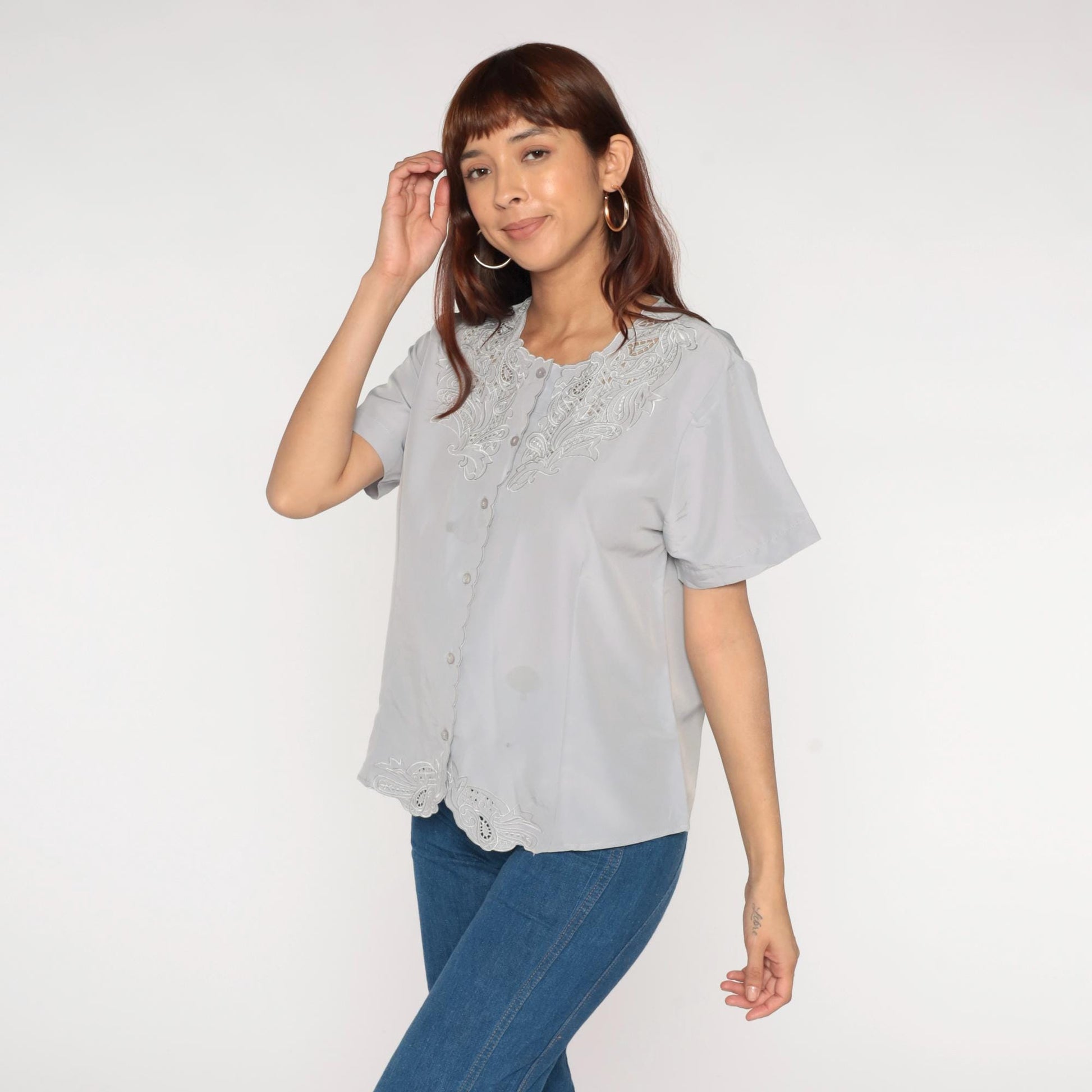 Y2K Anthony Richards Grey Embroidered Blouse Cutwork Paisley Scalloped Hem Medium