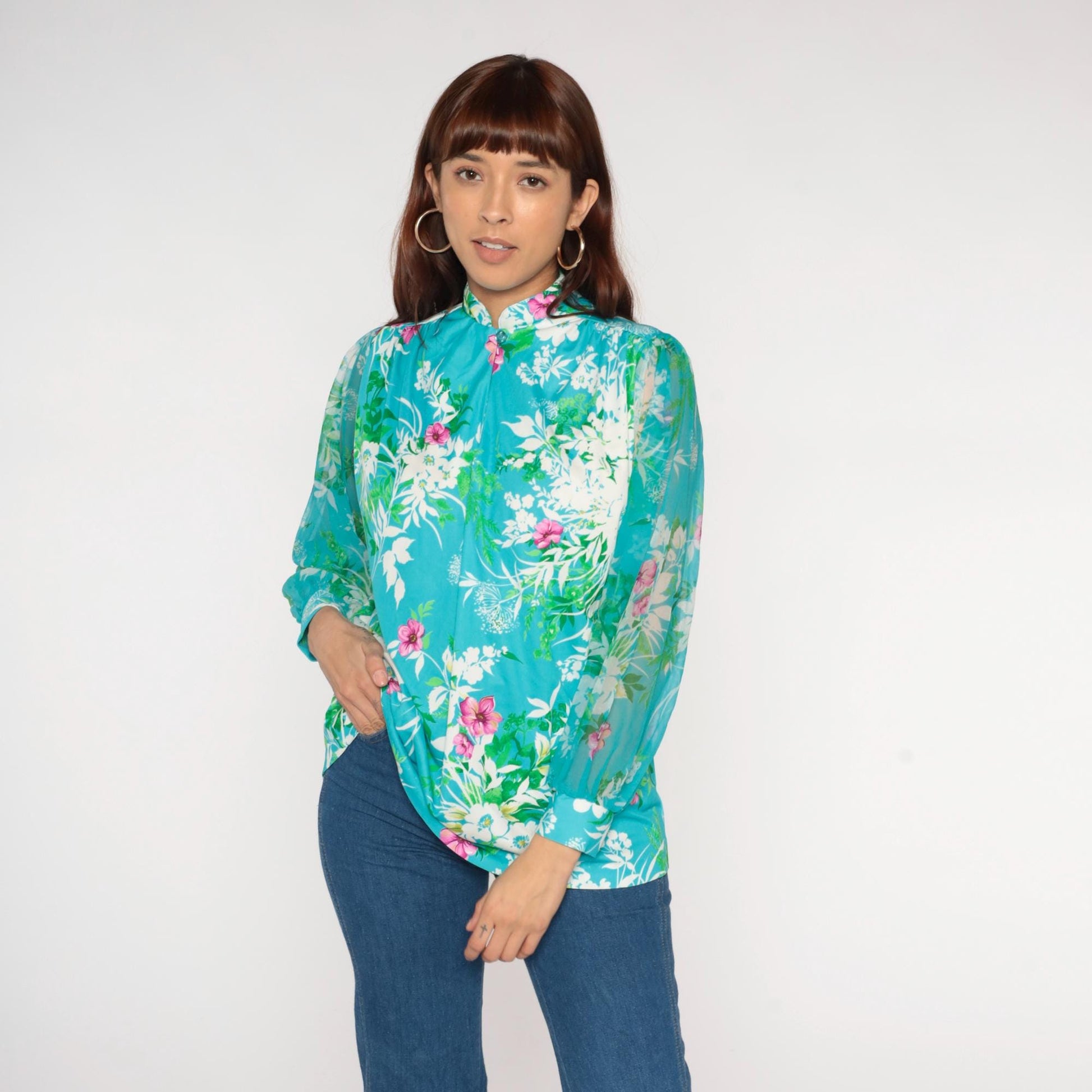 70s Hawaiian Turquoise Floral Blouse Long Sleeve Button Front Medium M