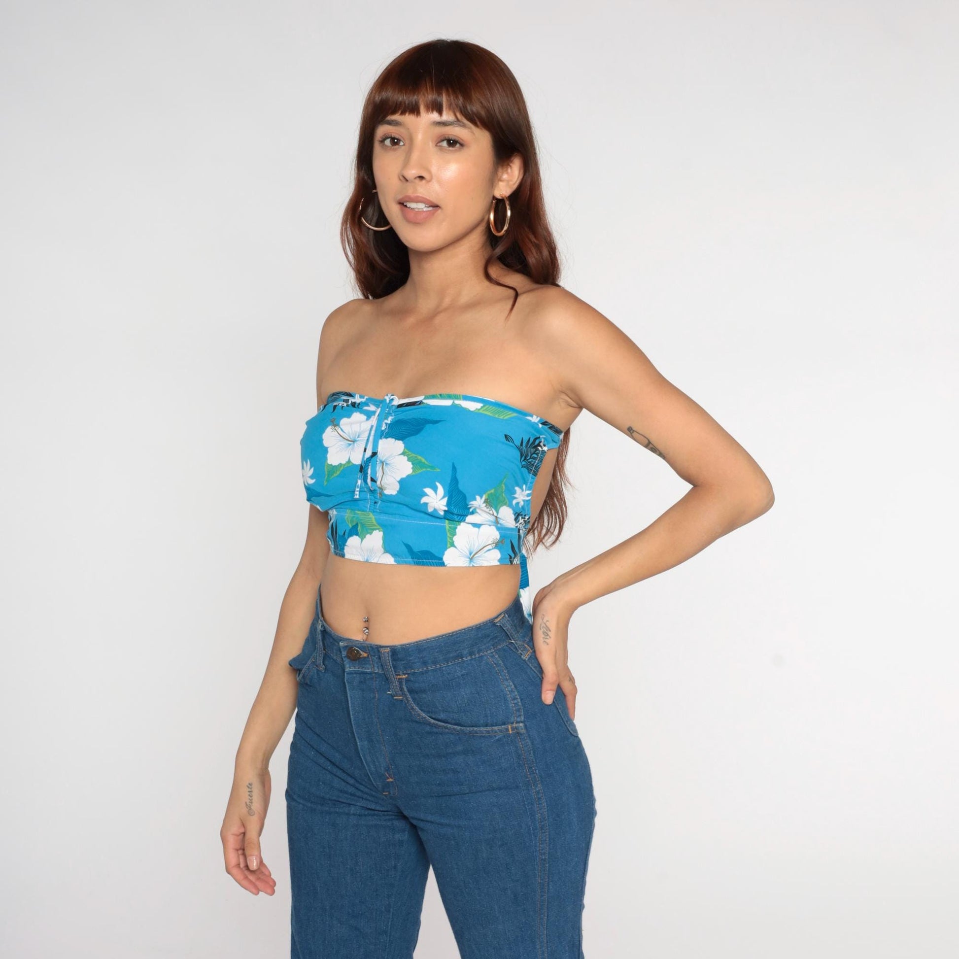 Y2K Blue Hawaiian Hibiscus Cotton Bandeau Crop Top Strapless Tie Back Small