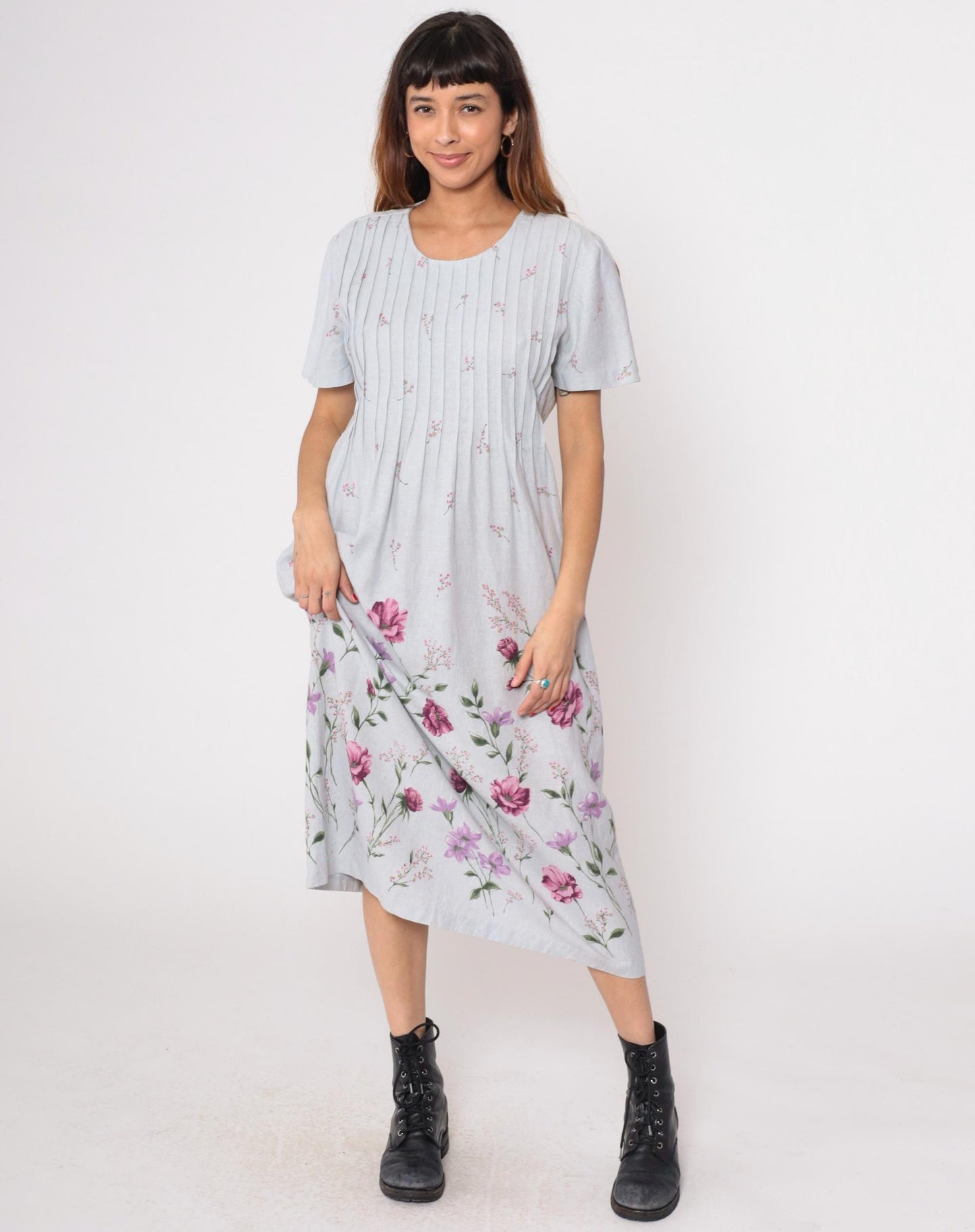 90s Miss Dorby Grey Floral Midi Dress Pink Purple Pleated Linen Large L