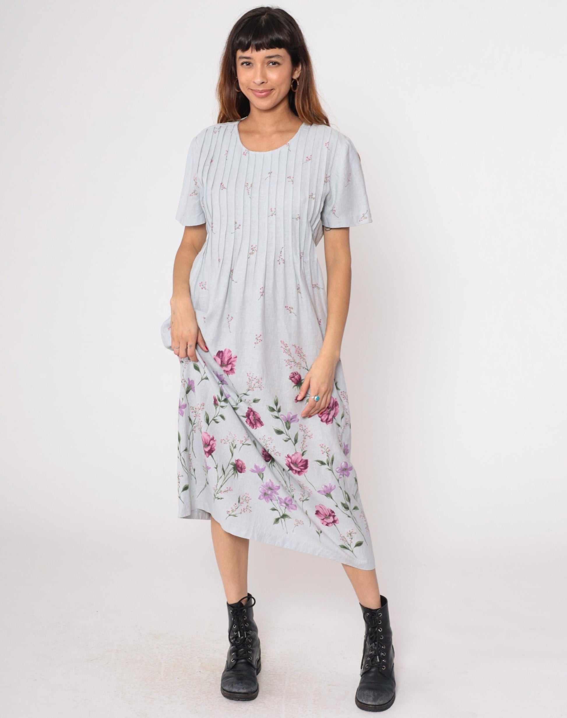 90s Miss Dorby Grey Floral Midi Dress Pink Purple Pleated Linen Large L