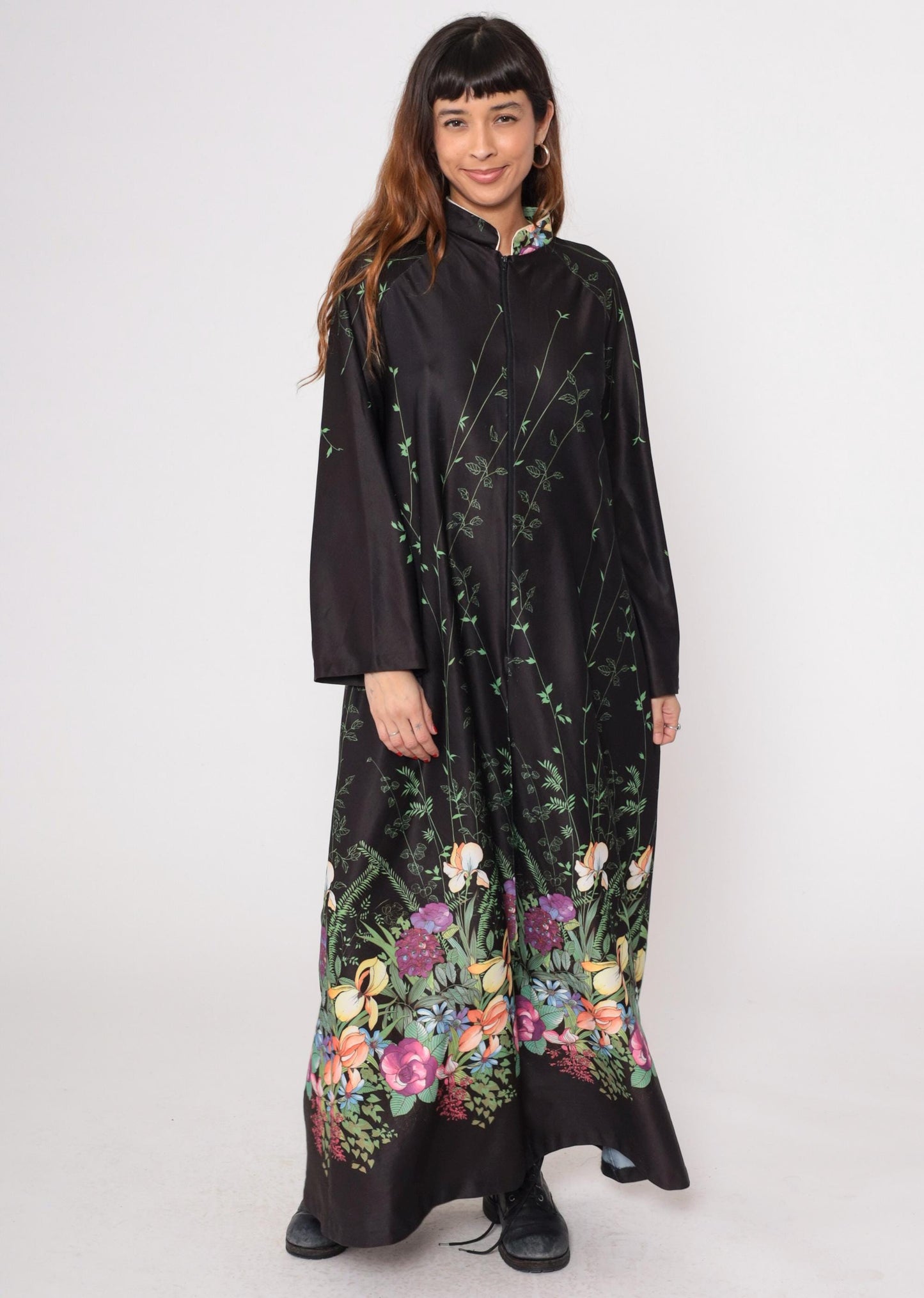 70s Black Floral Maxi Dress Zip Front Long Sleeve Botanical Print Medium Large