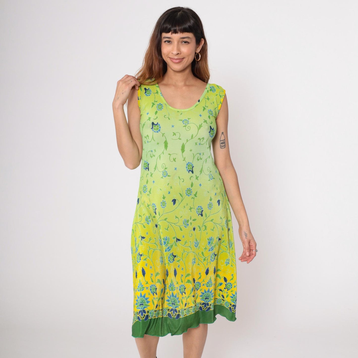 90s La Fete Lime Ombre Midi Dress Floral Scoop Neck Sleeveless Plus Size XXL
