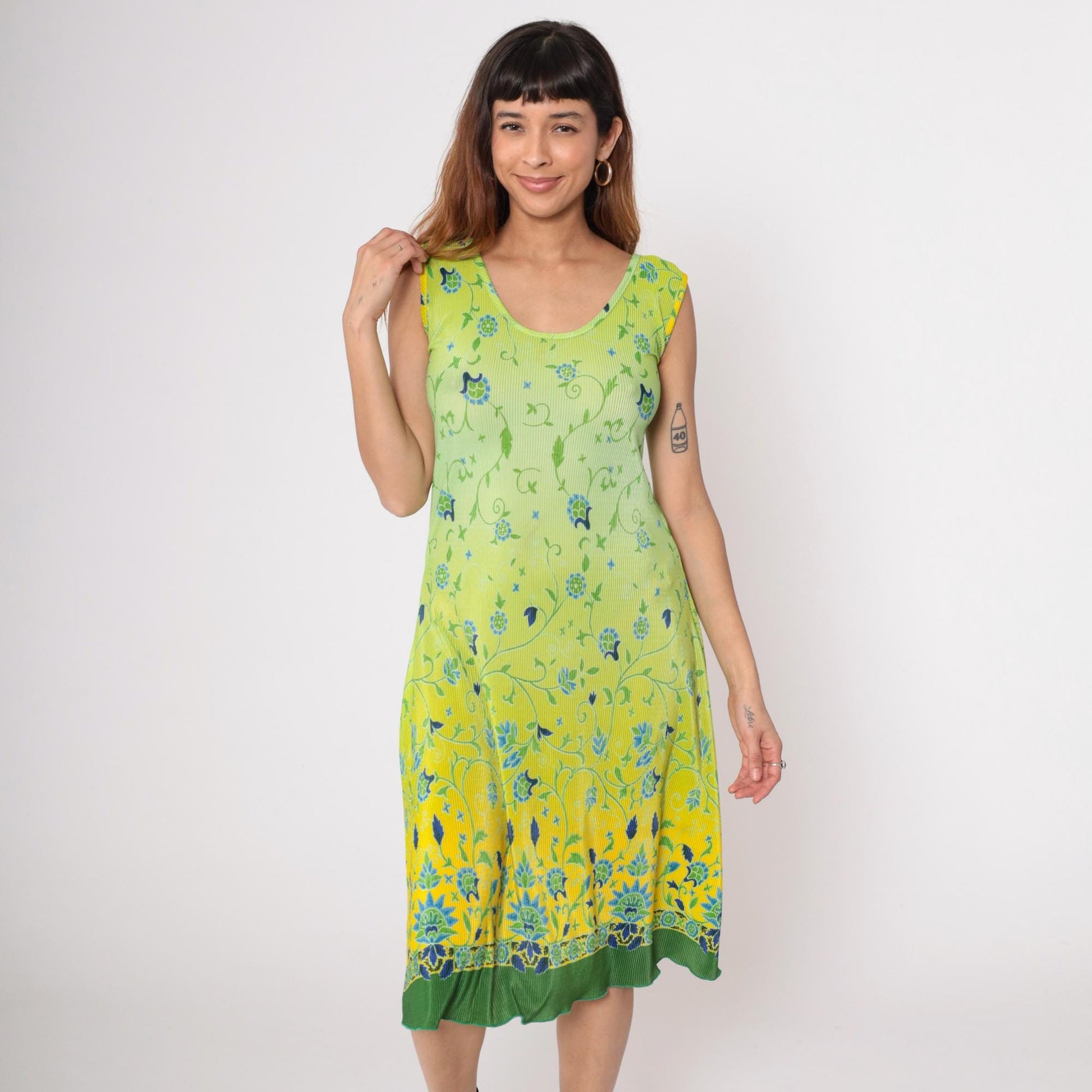 90s La Fete Lime Ombre Midi Dress Floral Scoop Neck Sleeveless Plus Size XXL