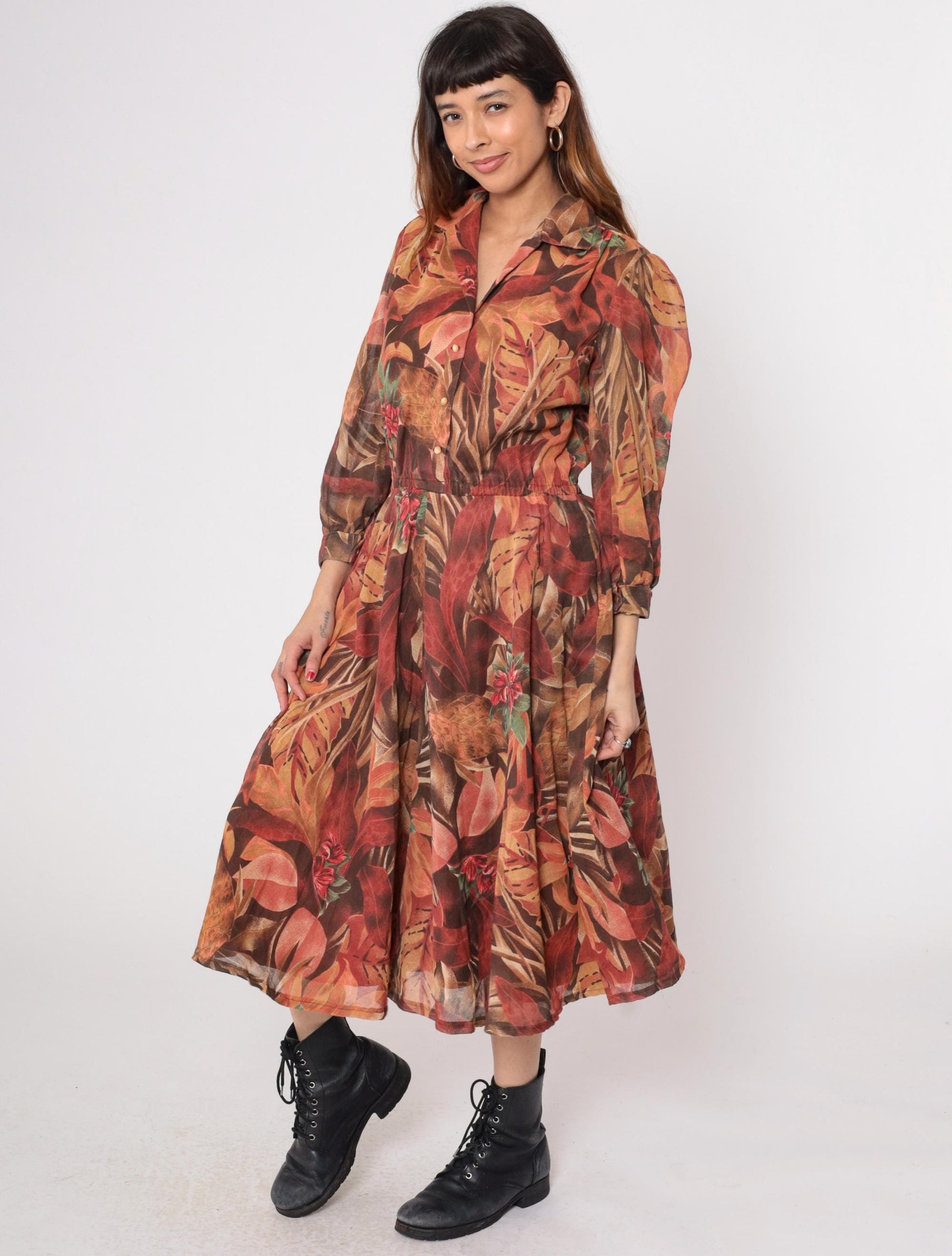 80s Brown Tropical Leaf Midi Dress Button Down Long Sleeve Medium