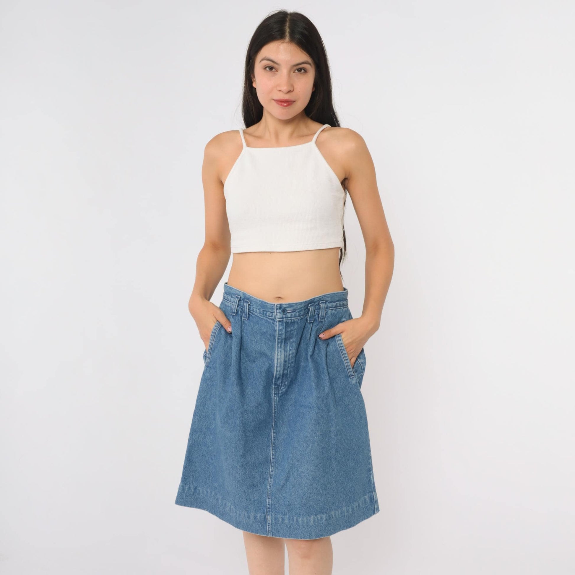 90s Lands End Denim A-Line Midi Skirt High Waist Blue Cotton Large L