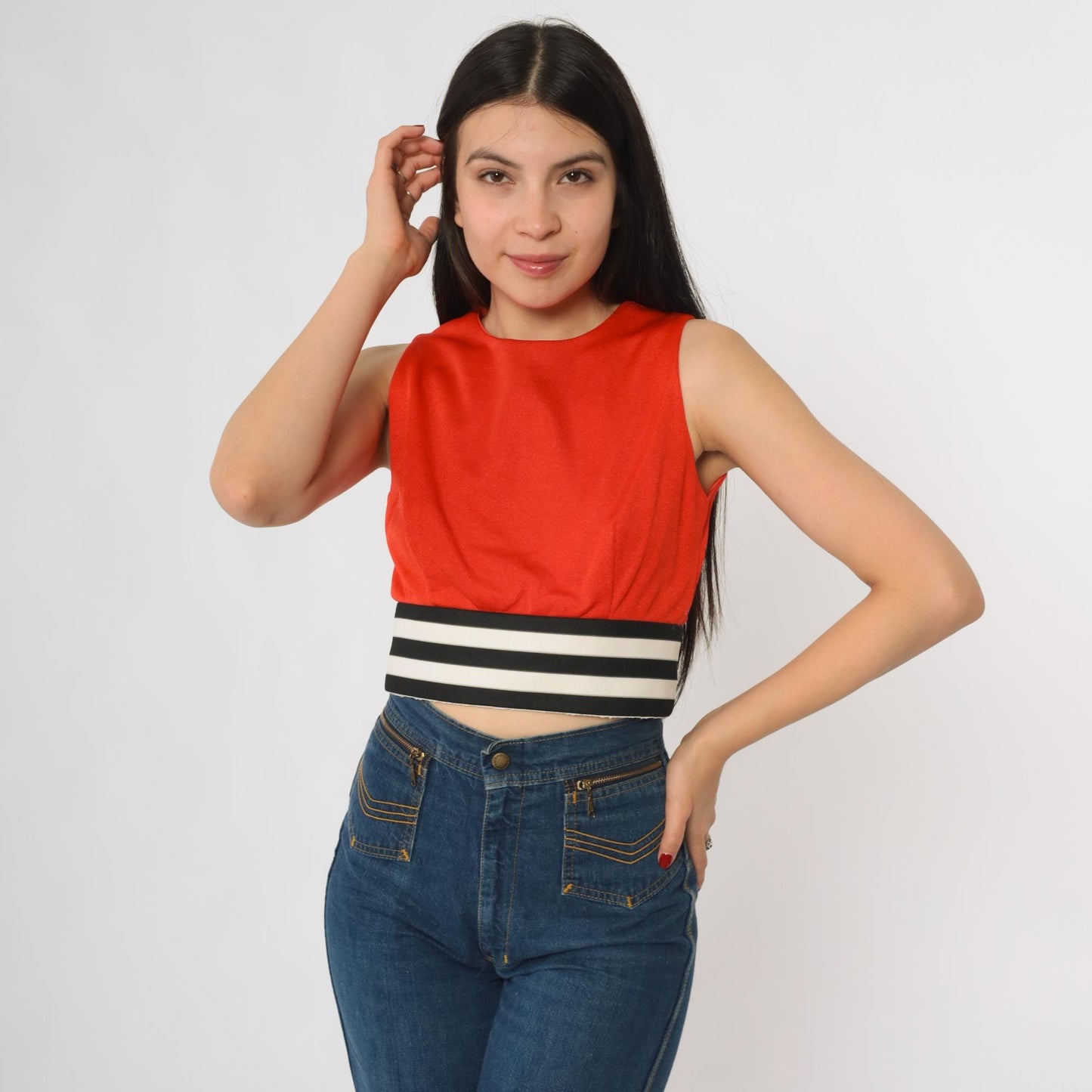 70s Red Orange Tank Top Striped Waistband Cropped Sleeveless Extra Small 2XS