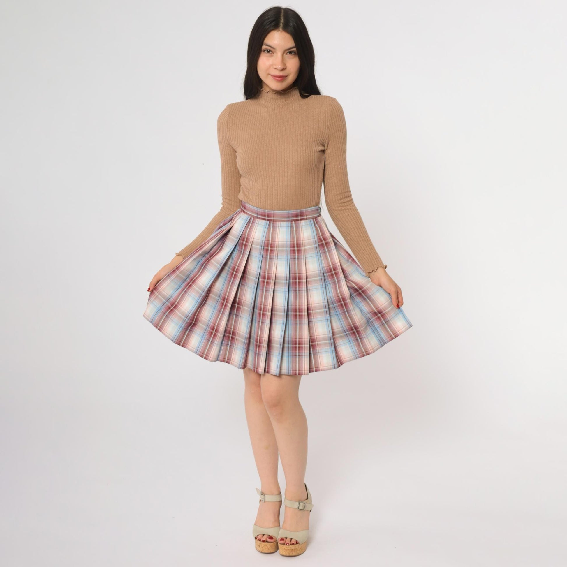 Y2K Plaid Pleated Mini Skirt High Waisted Red Blue Tartan Small S