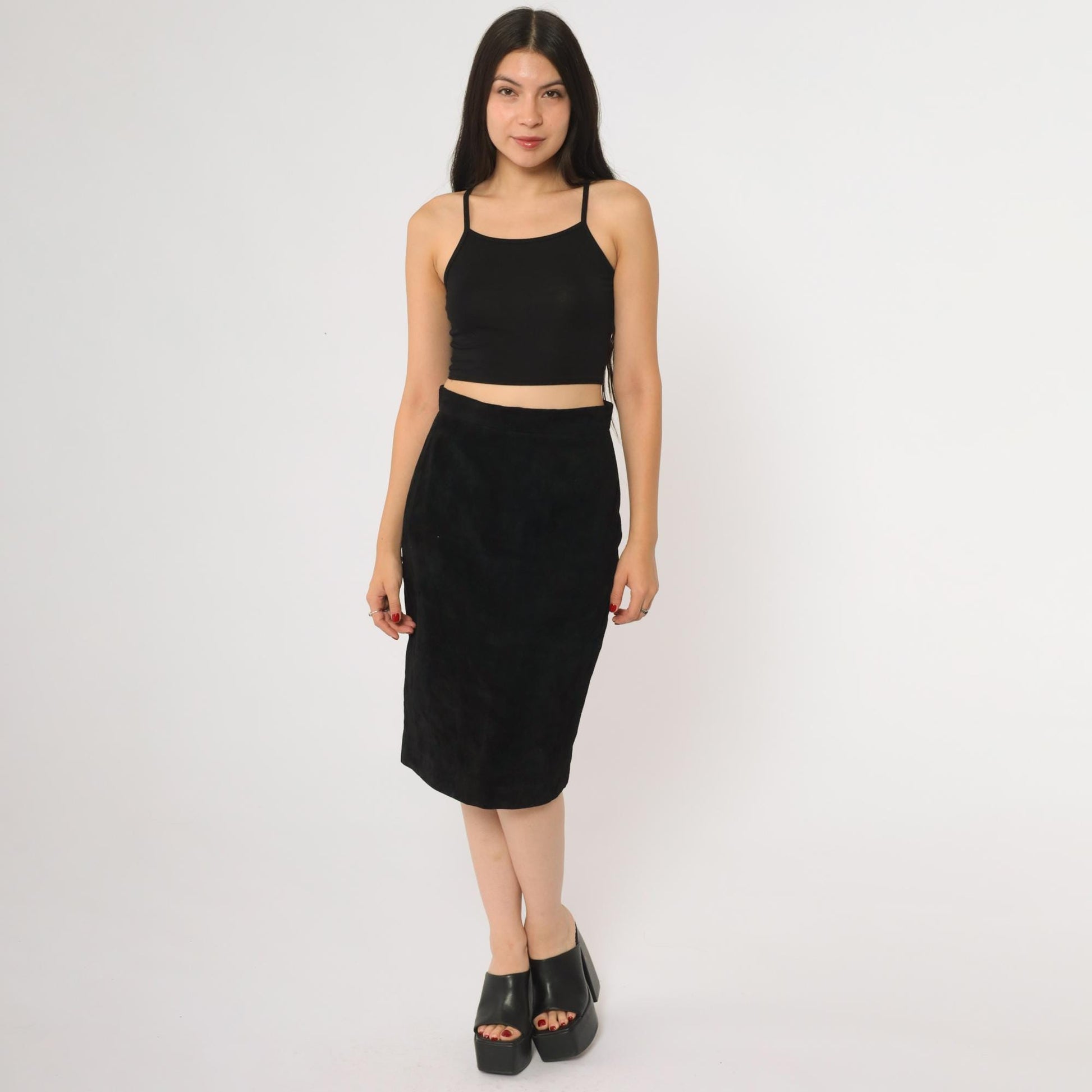 90s Evan Davies Black Suede Midi Skirt High Waisted Side Zip Medium