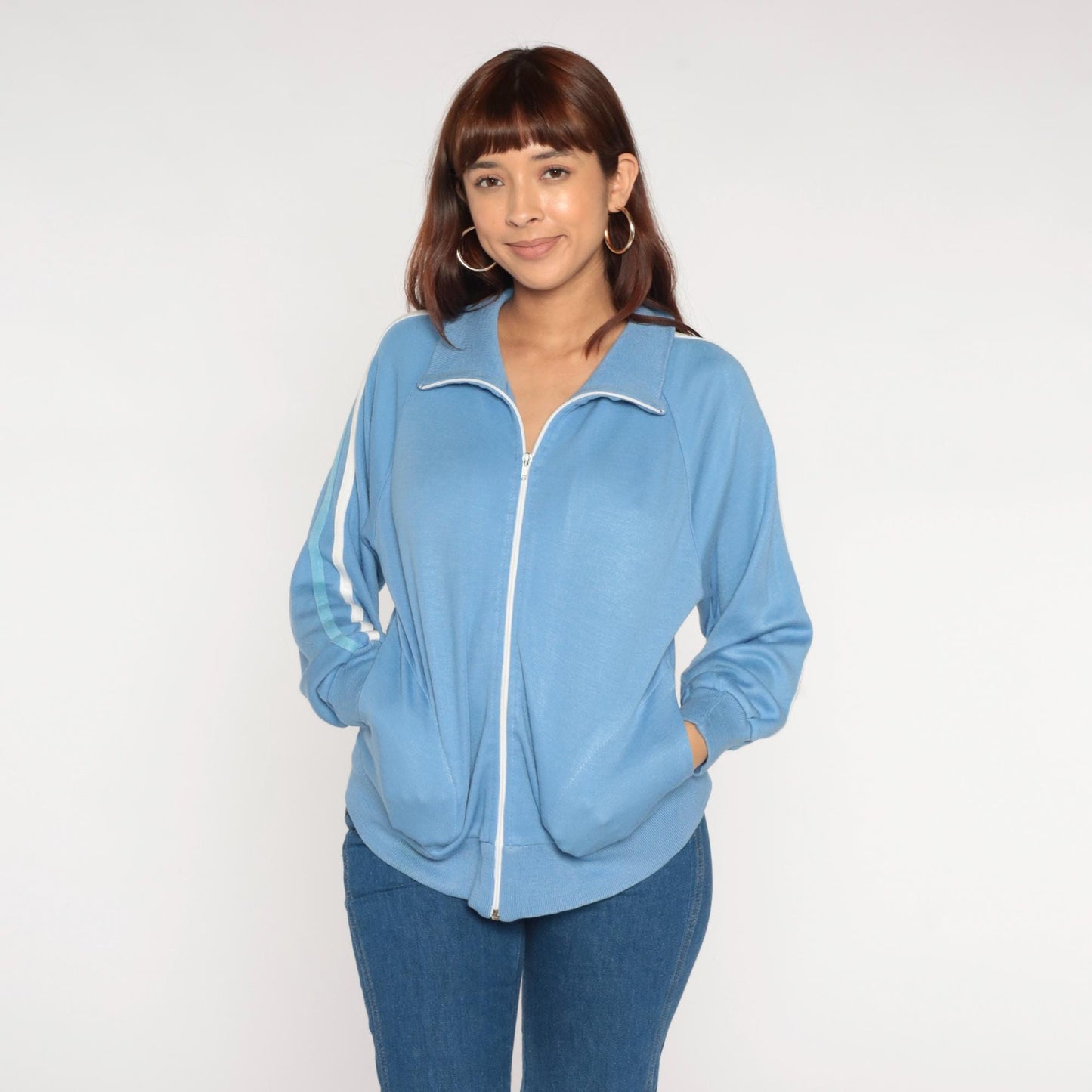70s Track Jacket Baby Blue Striped Zip-Up Raglan Warmup Small