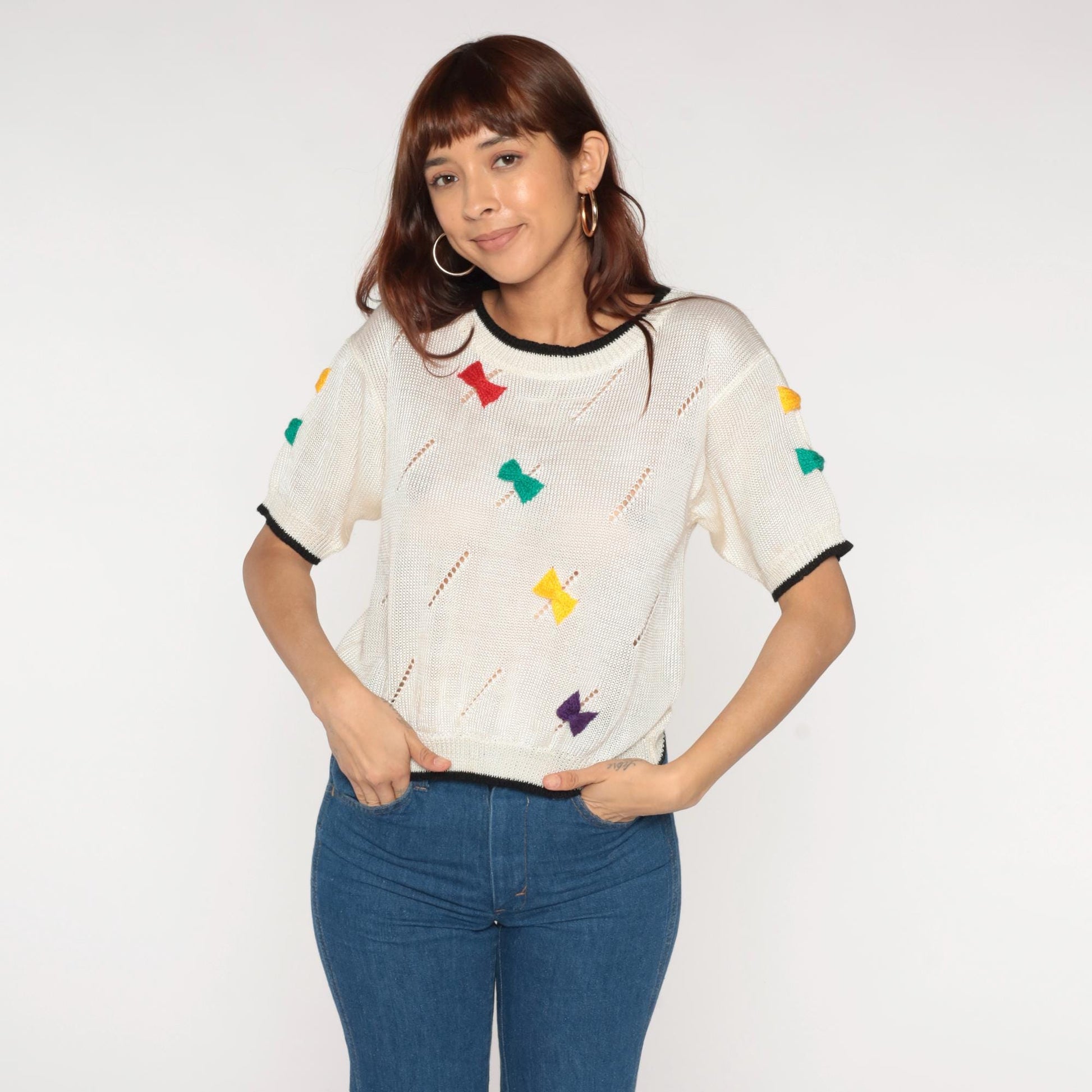 80s Bow Print Sweater Cream Rainbow Short Sleeve Knit Medium M