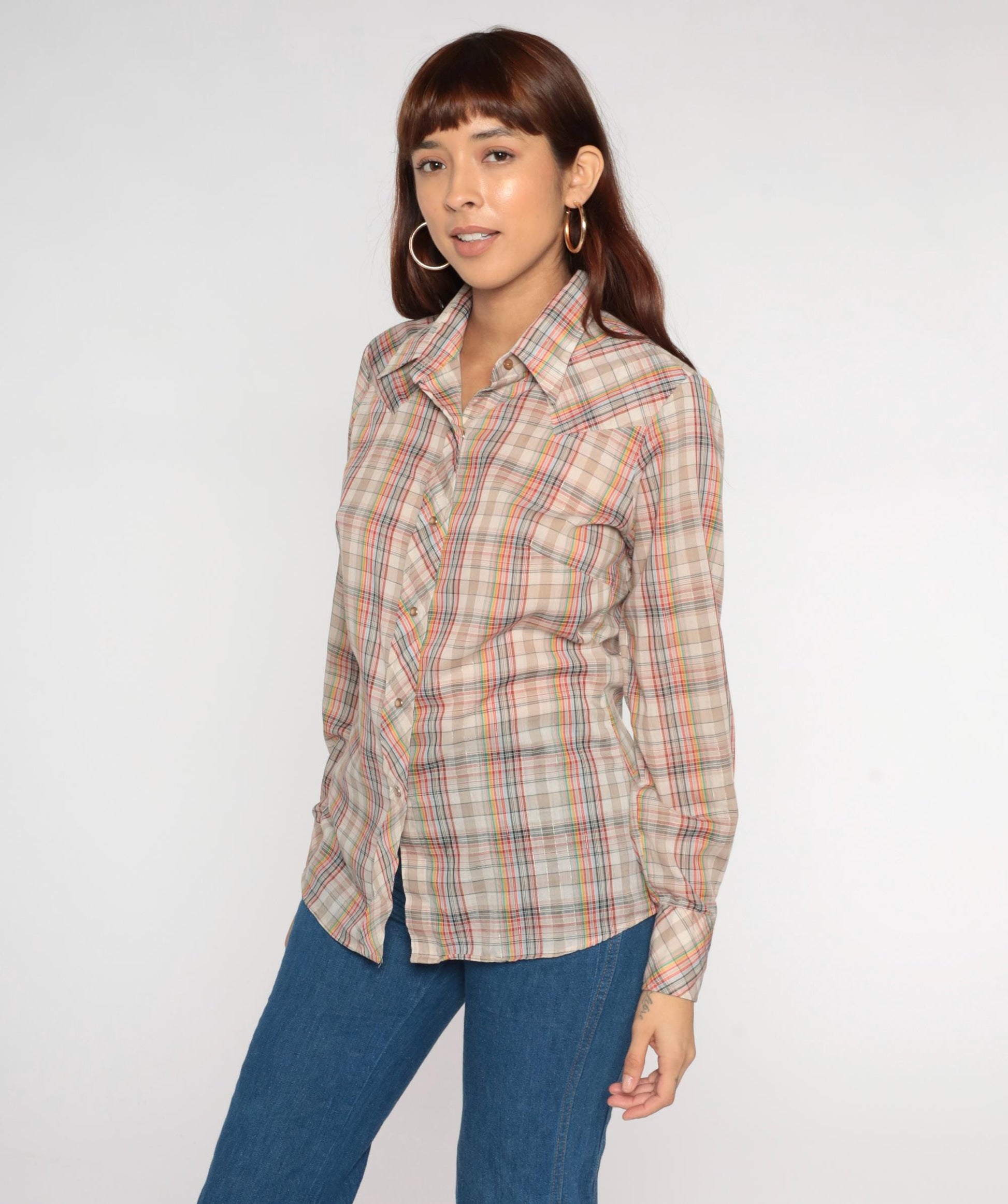 70s Western Pearl Snap Shirt Metallic Plaid Tan Red Green Navy Small