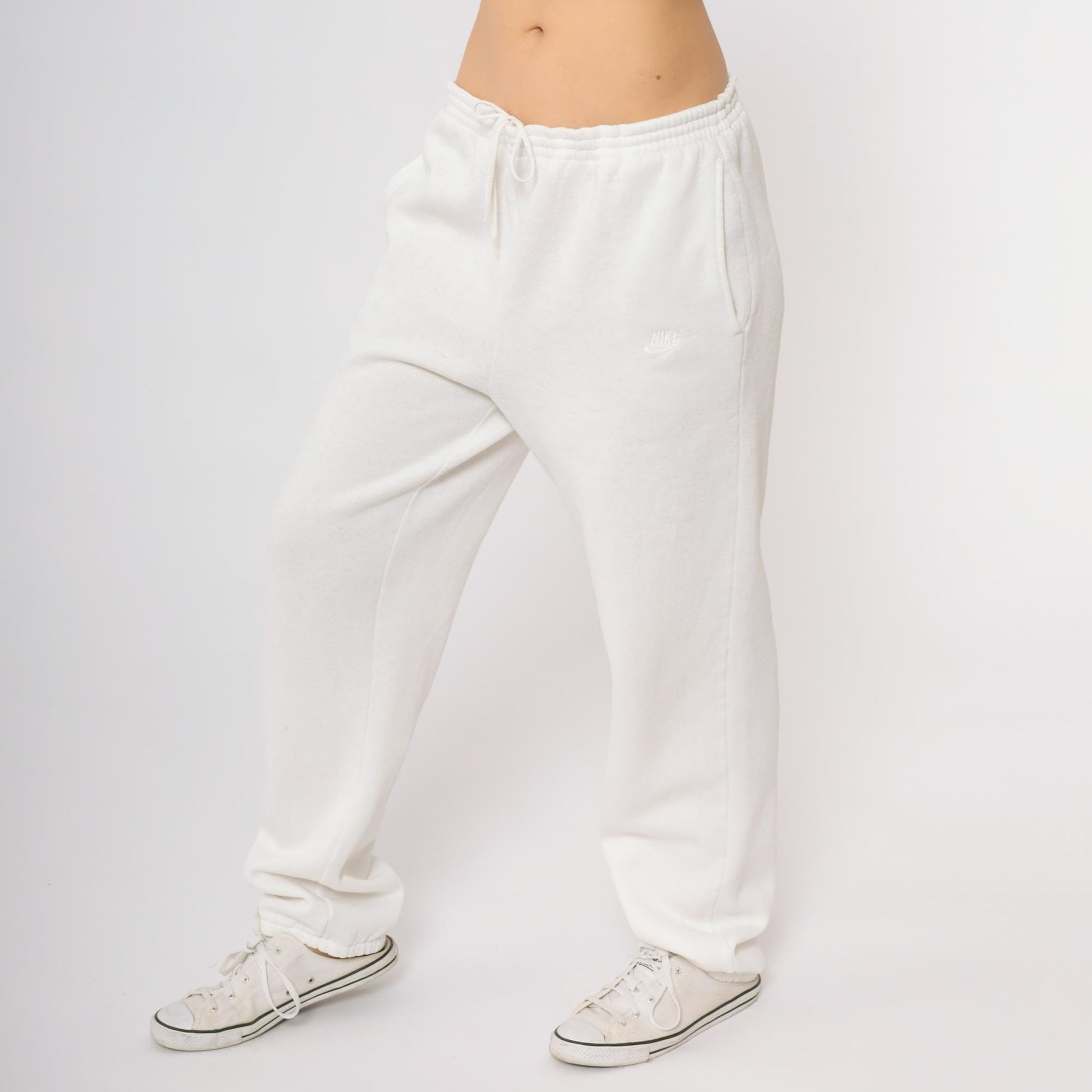 80s Nike White Sweatpants Embroidered Swoosh Drawstring Medium