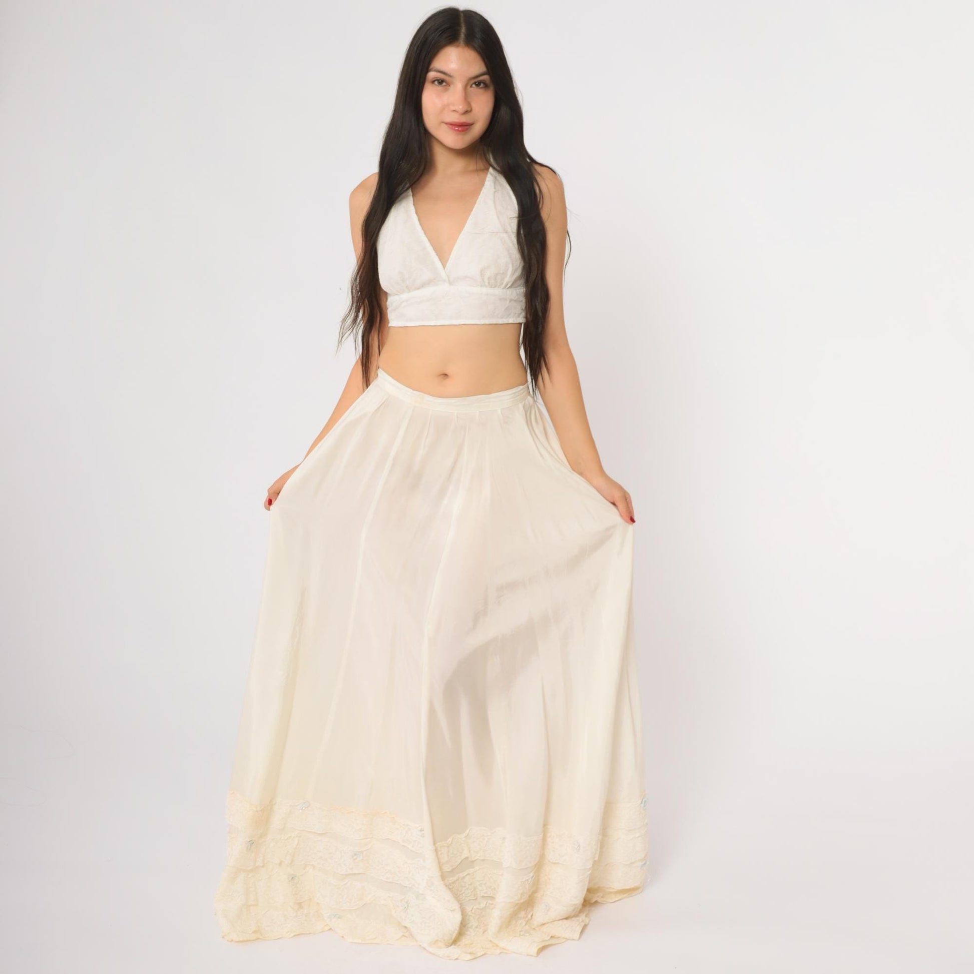 1950s Cream Lace Tiered Maxi Skirt High Waist Victorian Ruffled Small