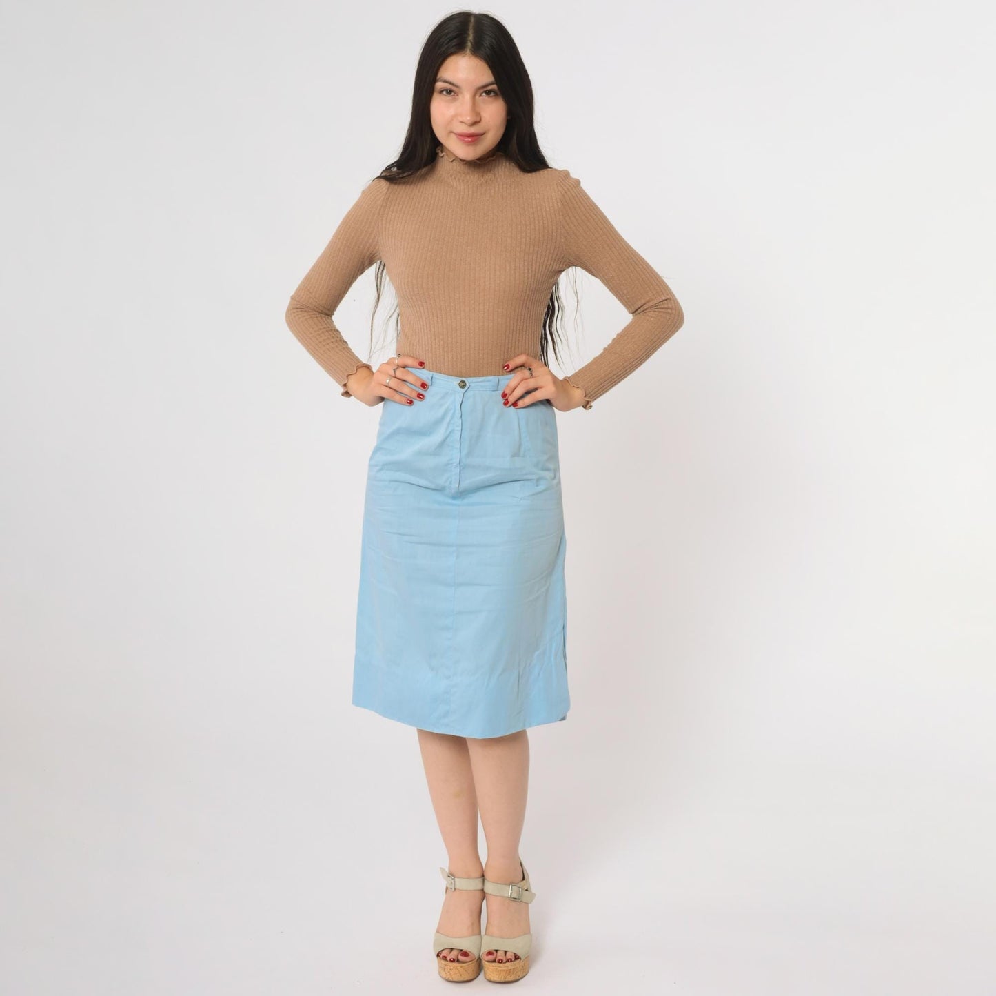 60s Suburban Set Pencil Skirt Light Blue High Waisted Knee Length Extra Small XS