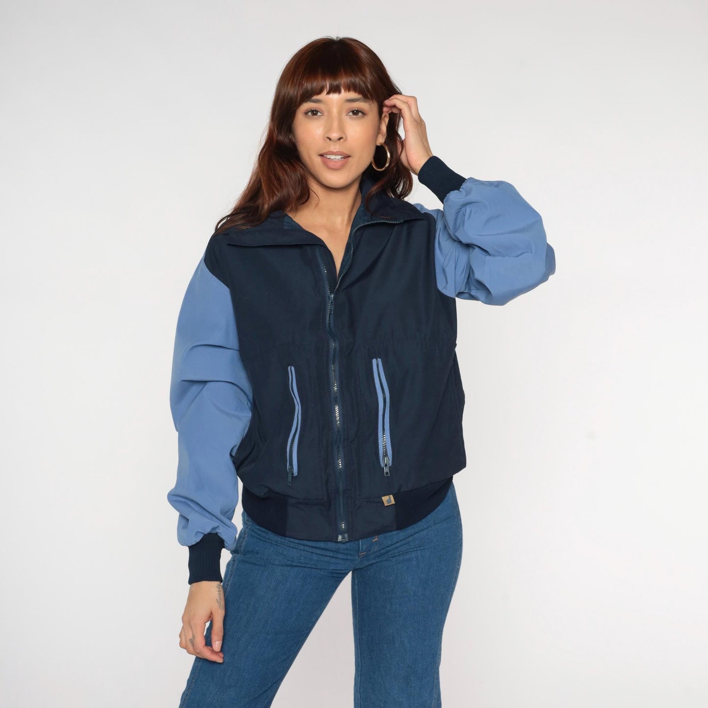 80s Navy Light Blue Colorblock Windbreaker Zip Jacket Medium M