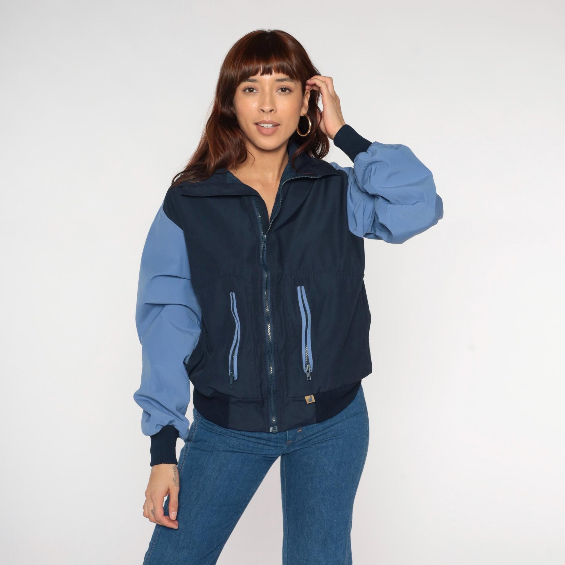 80s Navy Light Blue Colorblock Windbreaker Zip Jacket Medium M