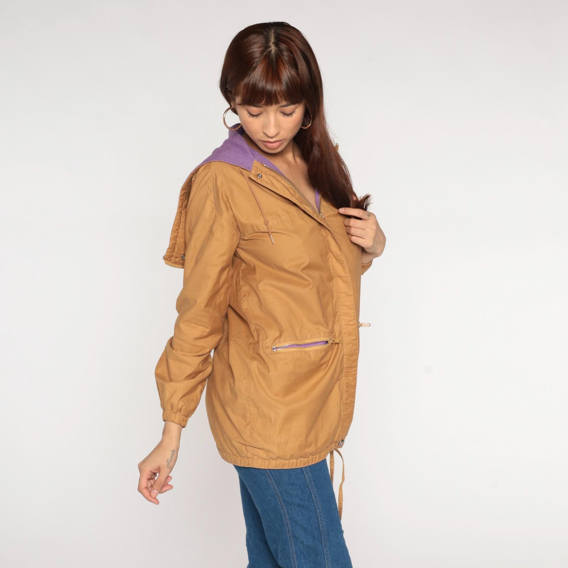 80s Aspen Tan Windbreaker Hood Zip Front Jacket Purple Lining Small