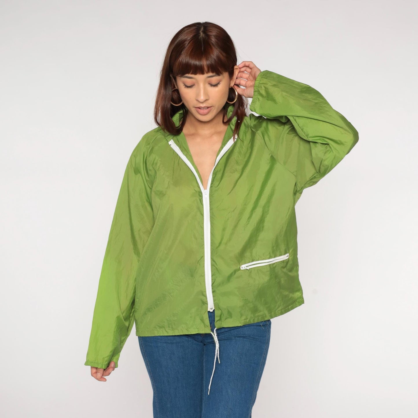 70s Lime Green Windbreaker Nylon Zip Hood Jacket Large L