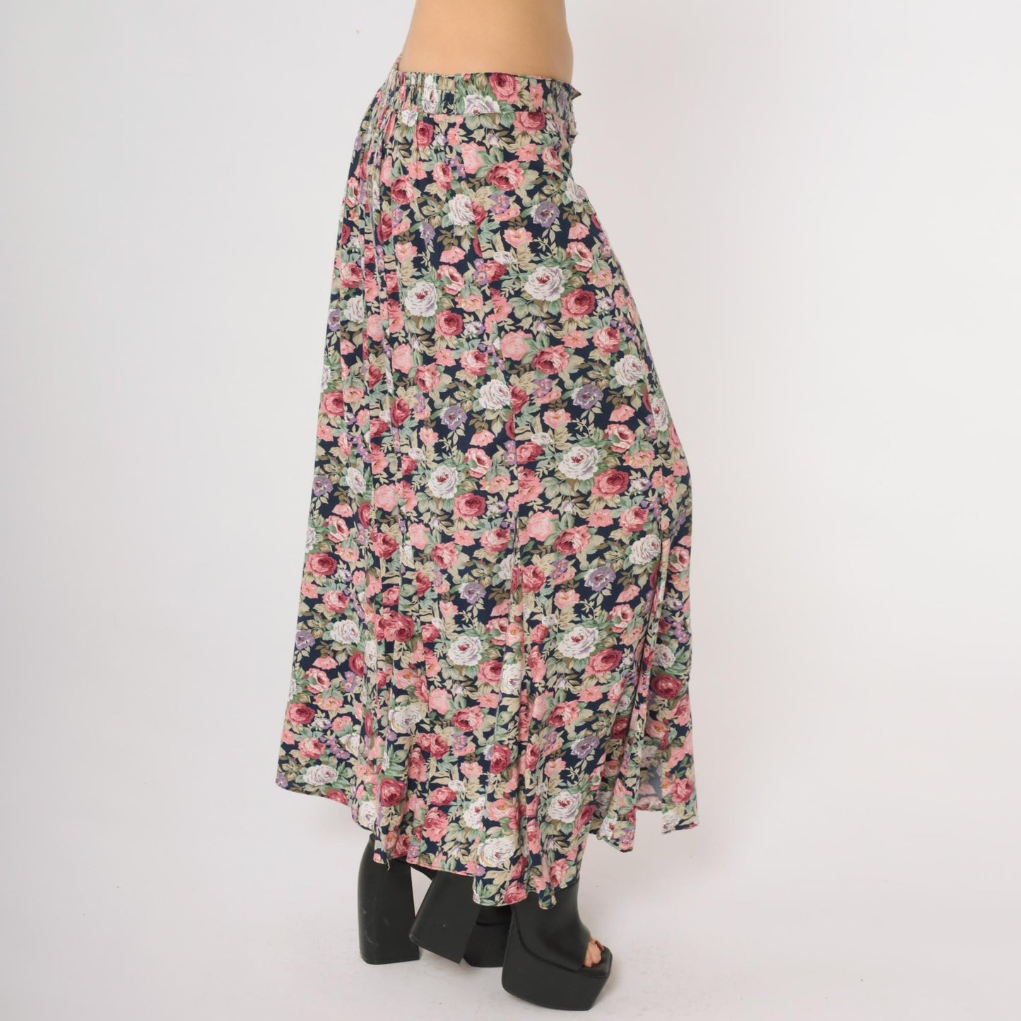 90s Navy Floral Maxi Skirt Button Front Rose Print Long Large L