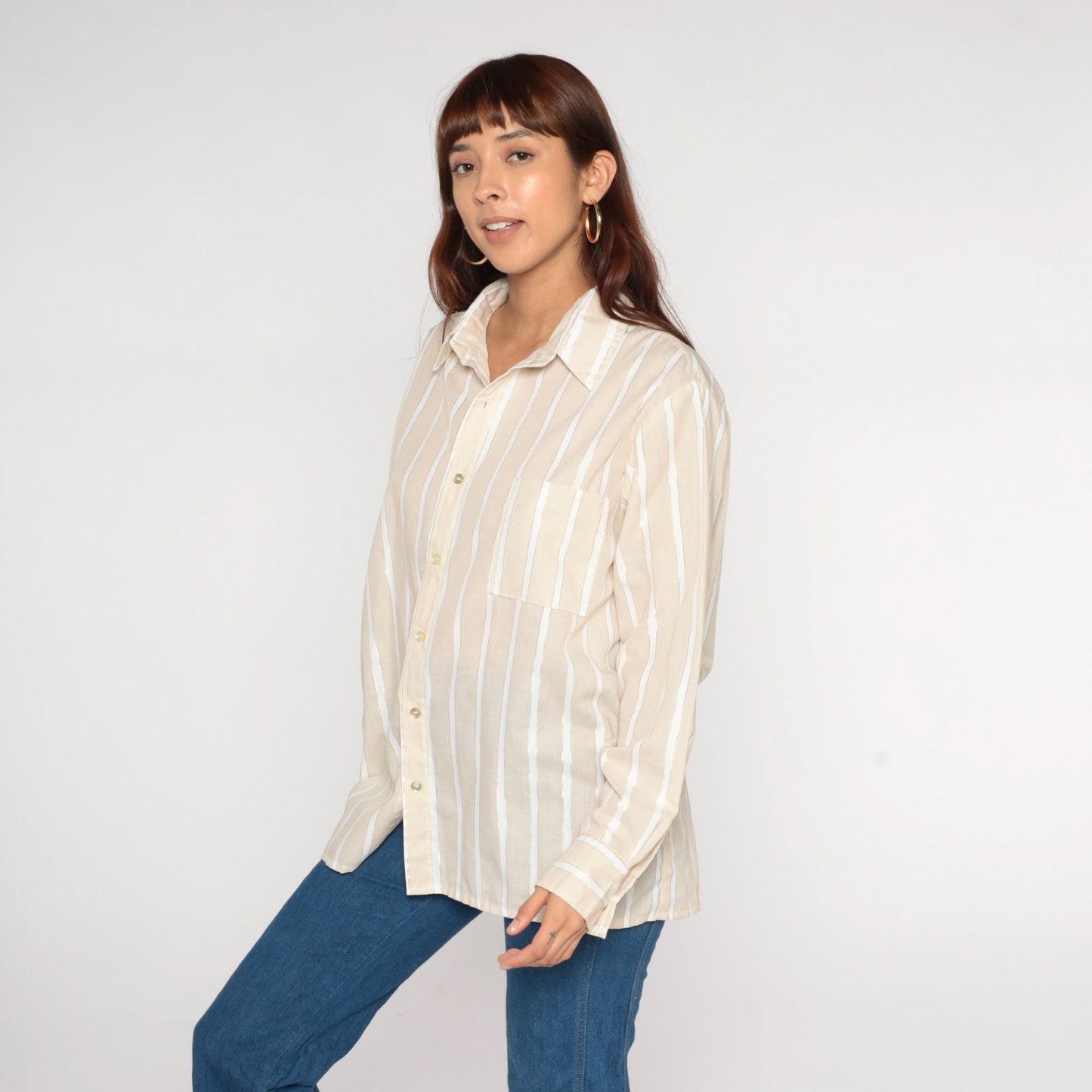 70s Beige Striped Button-Front Shirt Long Sleeve Chest Pocket Extra Large