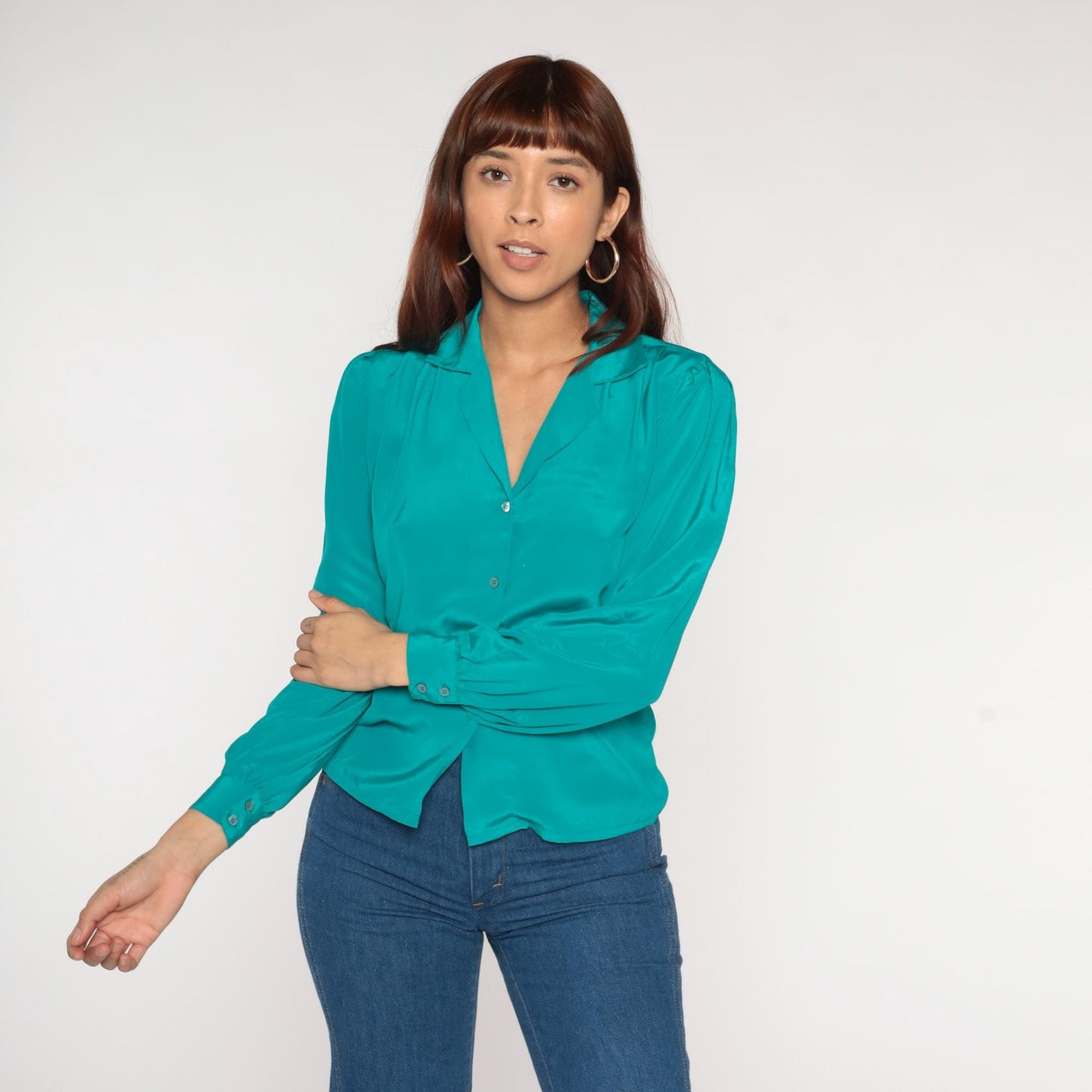 80s Teal Green Button-Up Shirt Christy Ann Short Sleeve Blouse Small