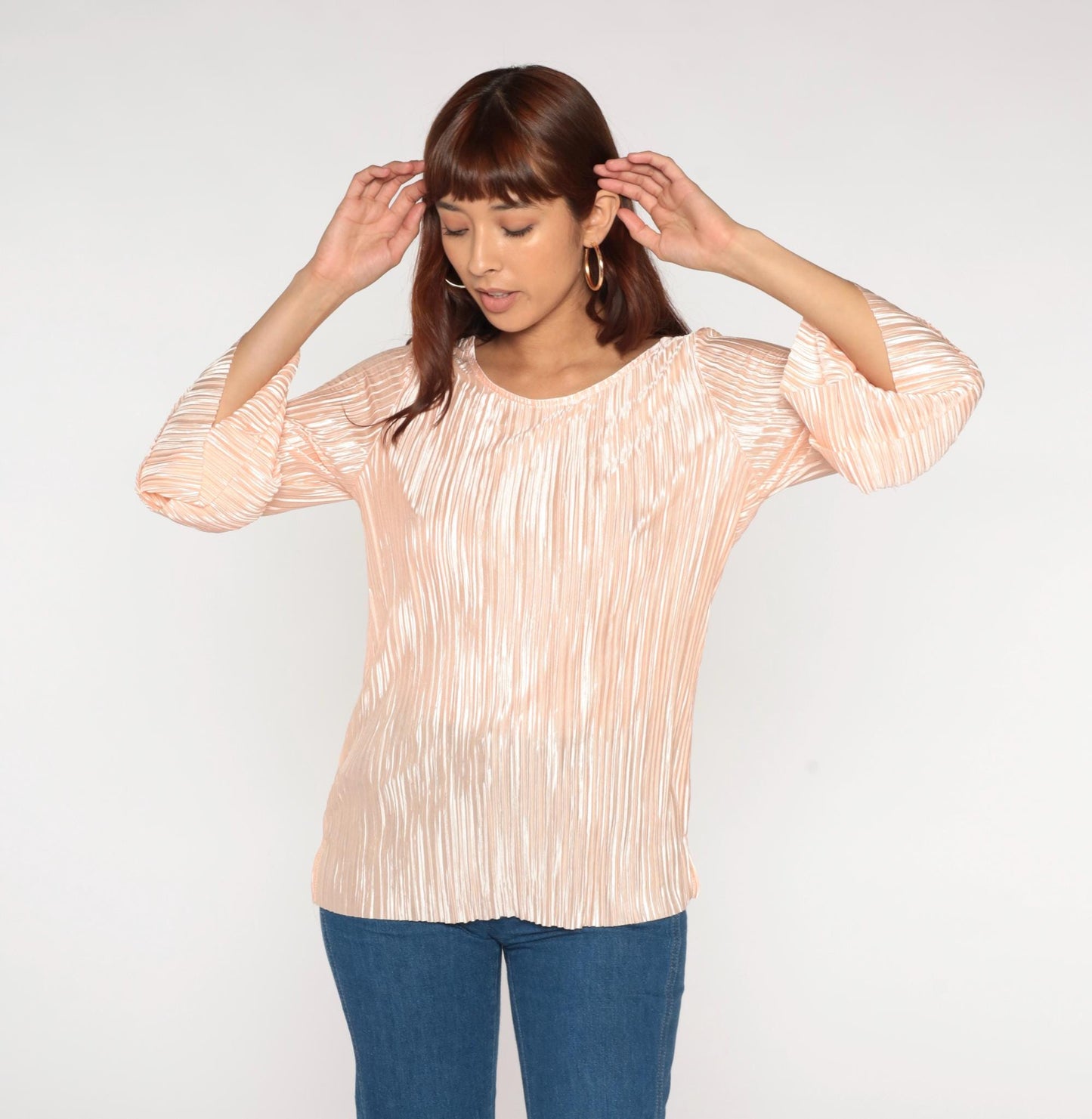 80s Pink Metallic Pleated Blouse Long Sleeve Ruffle Bell Cuffs Medium