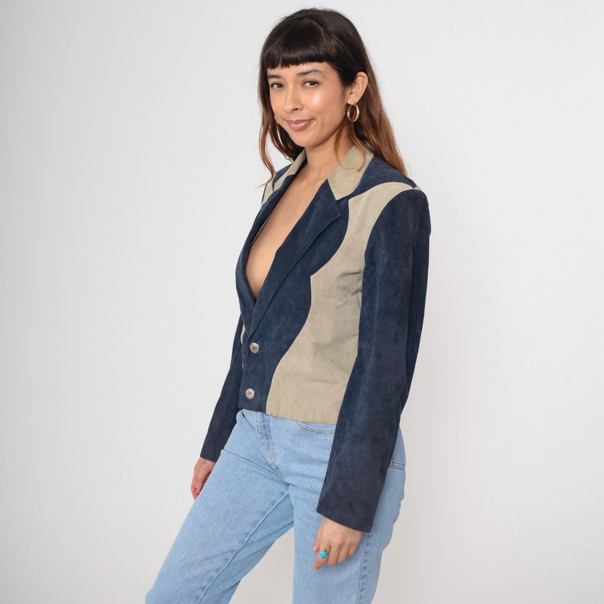 90s Scully Western Blazer Navy Beige Genuine Leather Jacket Medium M